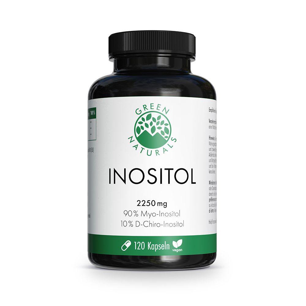 Schwarze Dose mit Inositol-Kapseln. Enthält 2250 mg Inositol, 90% Myo-Inositol, 10% D-Chiro-Inositol, 120 Kapseln.