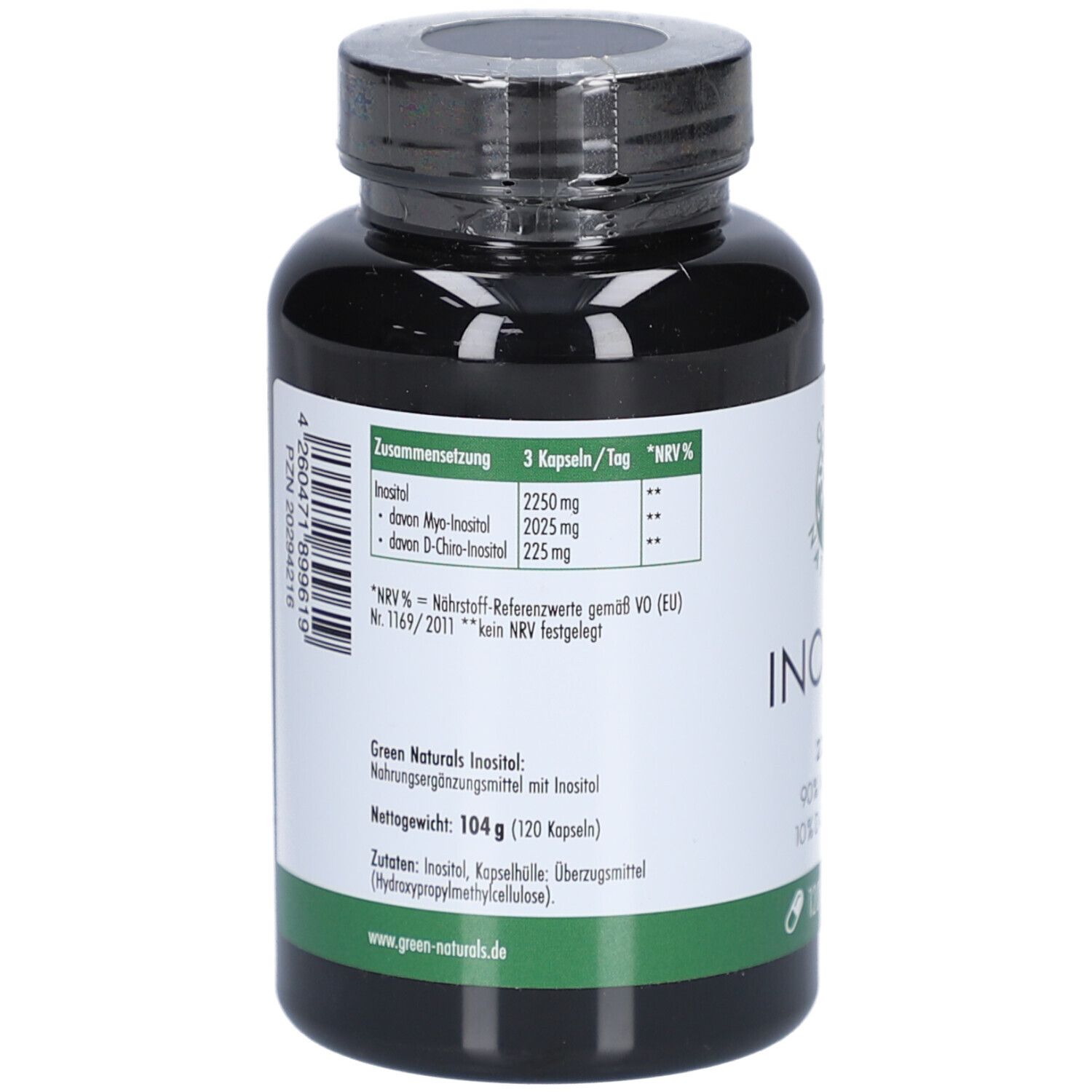 Rückseite der Flasche. Aufschrift: Zusammensetzung, 3 Kapseln/Tag, NRV%. Inhaltsstoffe. Nettogewicht 104 g (120 Kapseln).