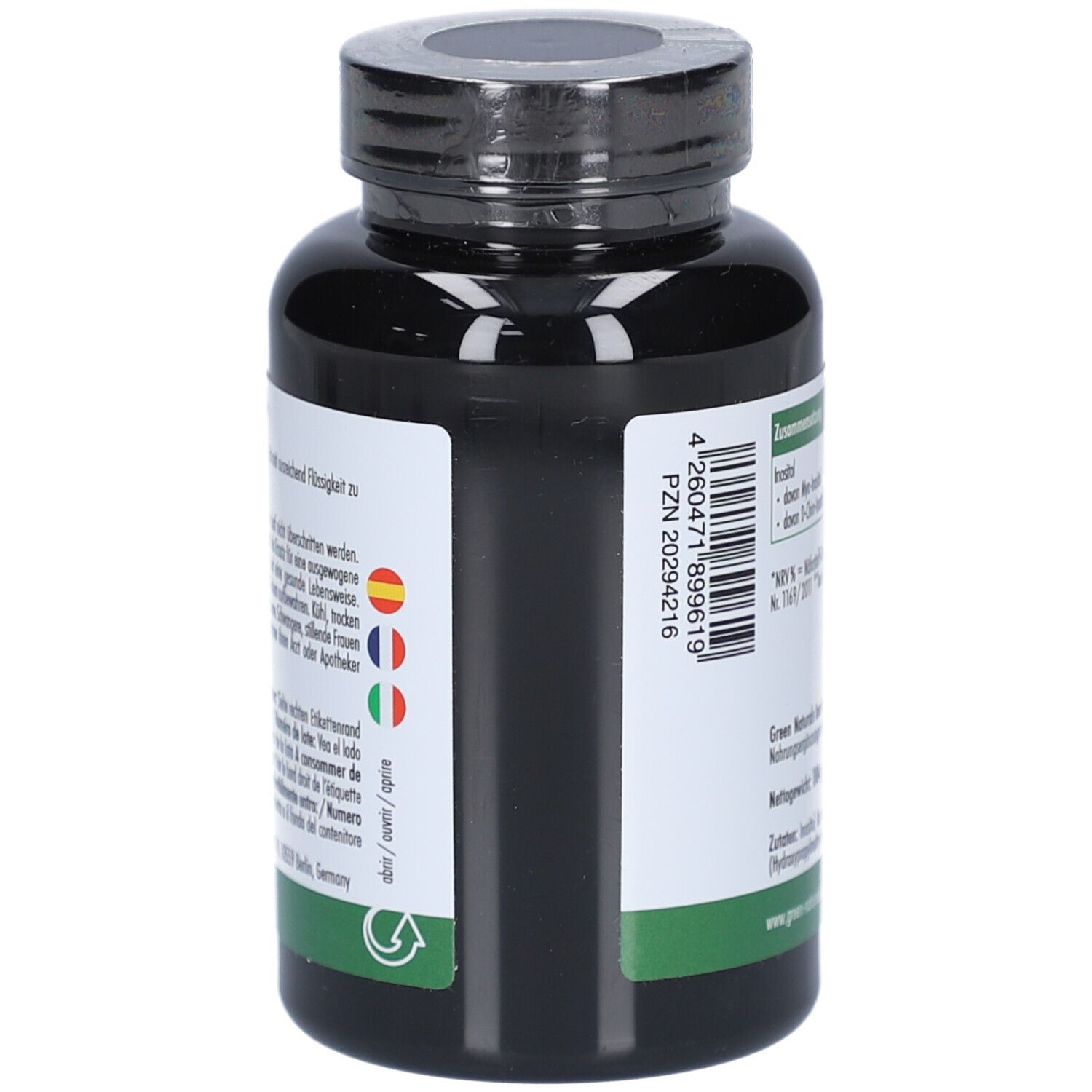 Schwarze Flasche mit grünem Etikett. Aufschrift und PZN 20294216. Mehrsprachige Symbole.