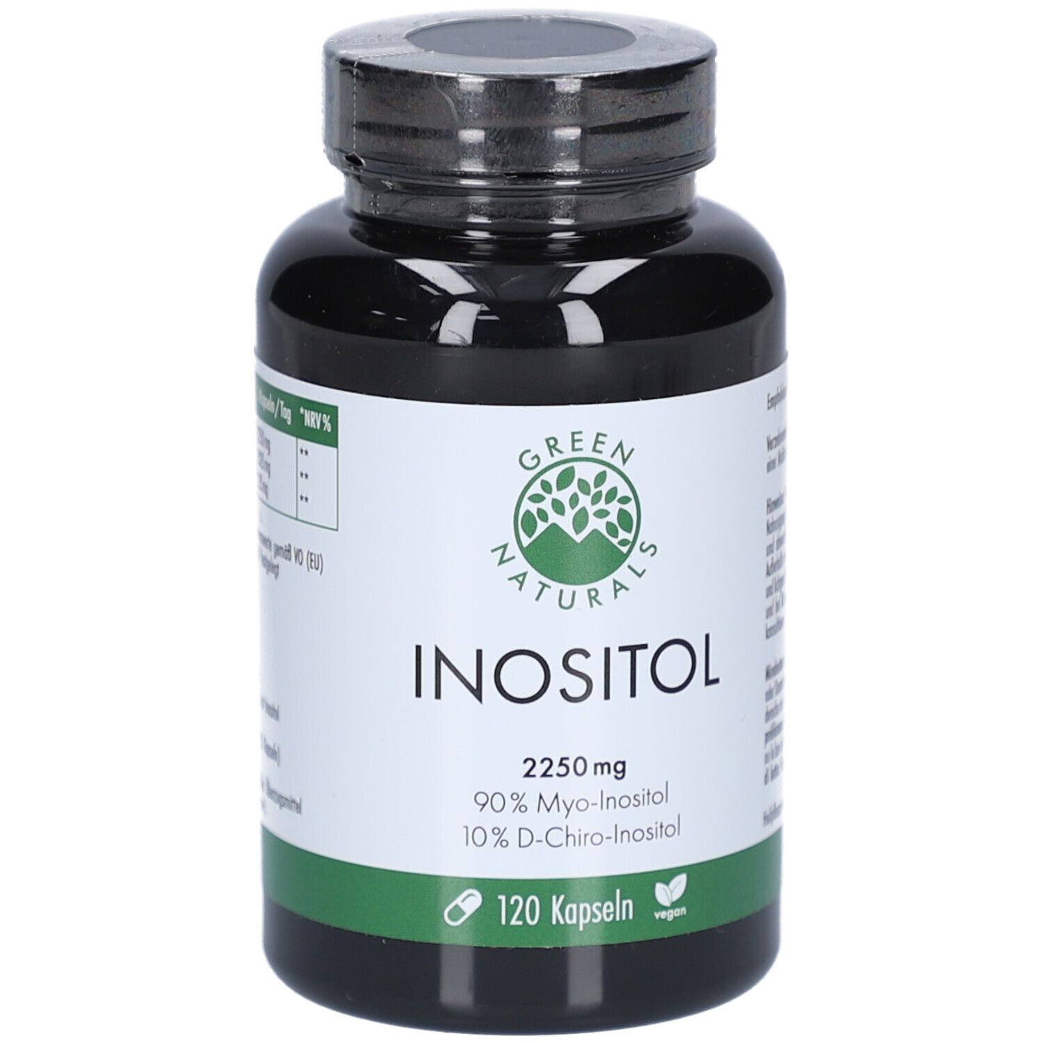 Schwarze Flasche mit grünem Etikett. Aufschrift: INOSITOL 2250 mg, 90% Myo-Inositol, 10% D-Chiro-Inositol. 120 Kapseln.