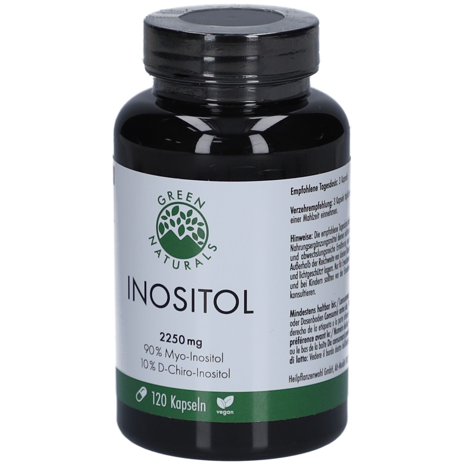 Schwarze Flasche mit grünem Etikett. Aufschrift: INOSITOL 2250 mg, 90% Myo-Inositol, 10% D-Chiro-Inositol. 120 Kapseln. Vegan.