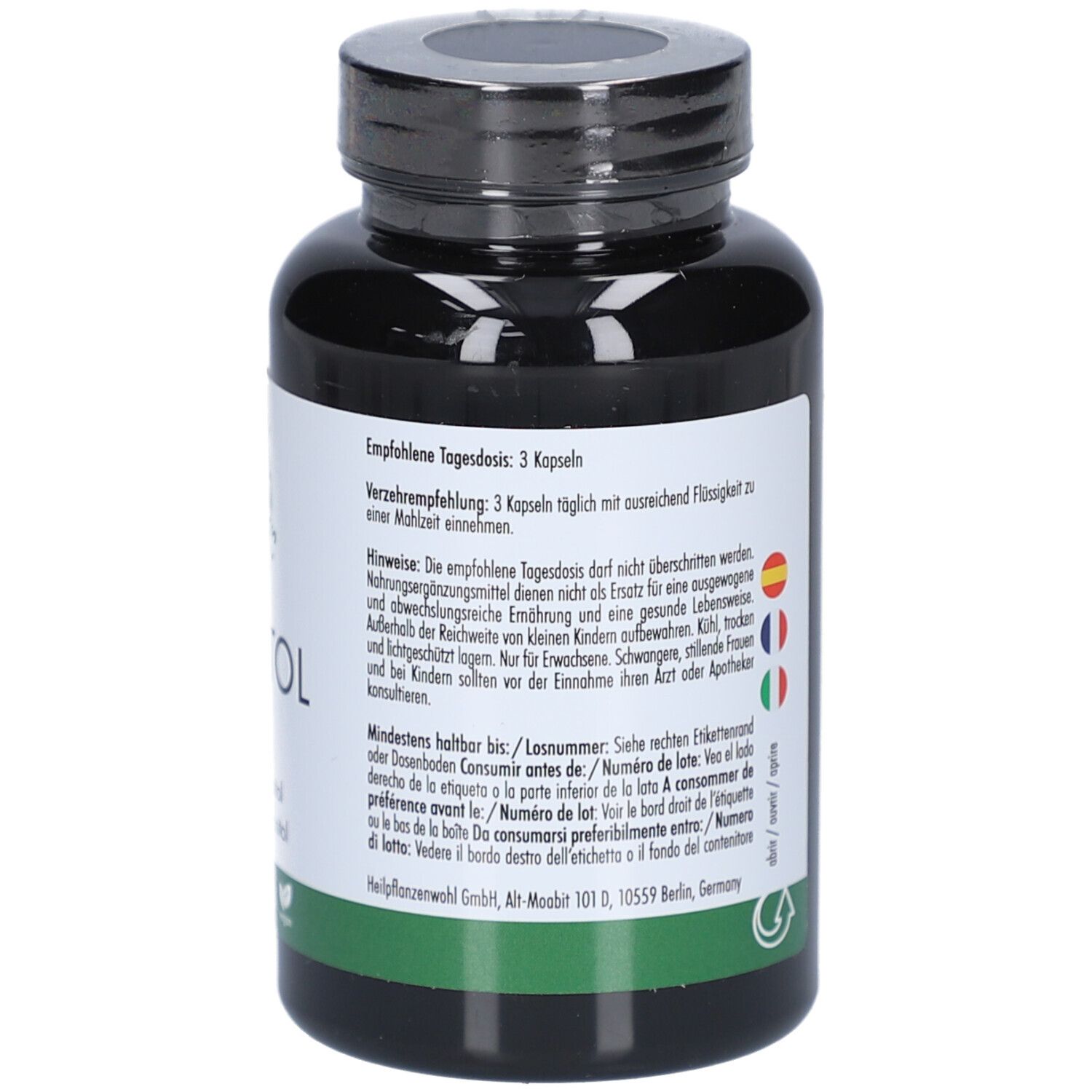 Rückseite der Flasche. Aufschrift: Empfohlene Tagesdosis: 3 Kapseln. Hinweise. Mindestens haltbar bis... Mehrsprachige Symbole.