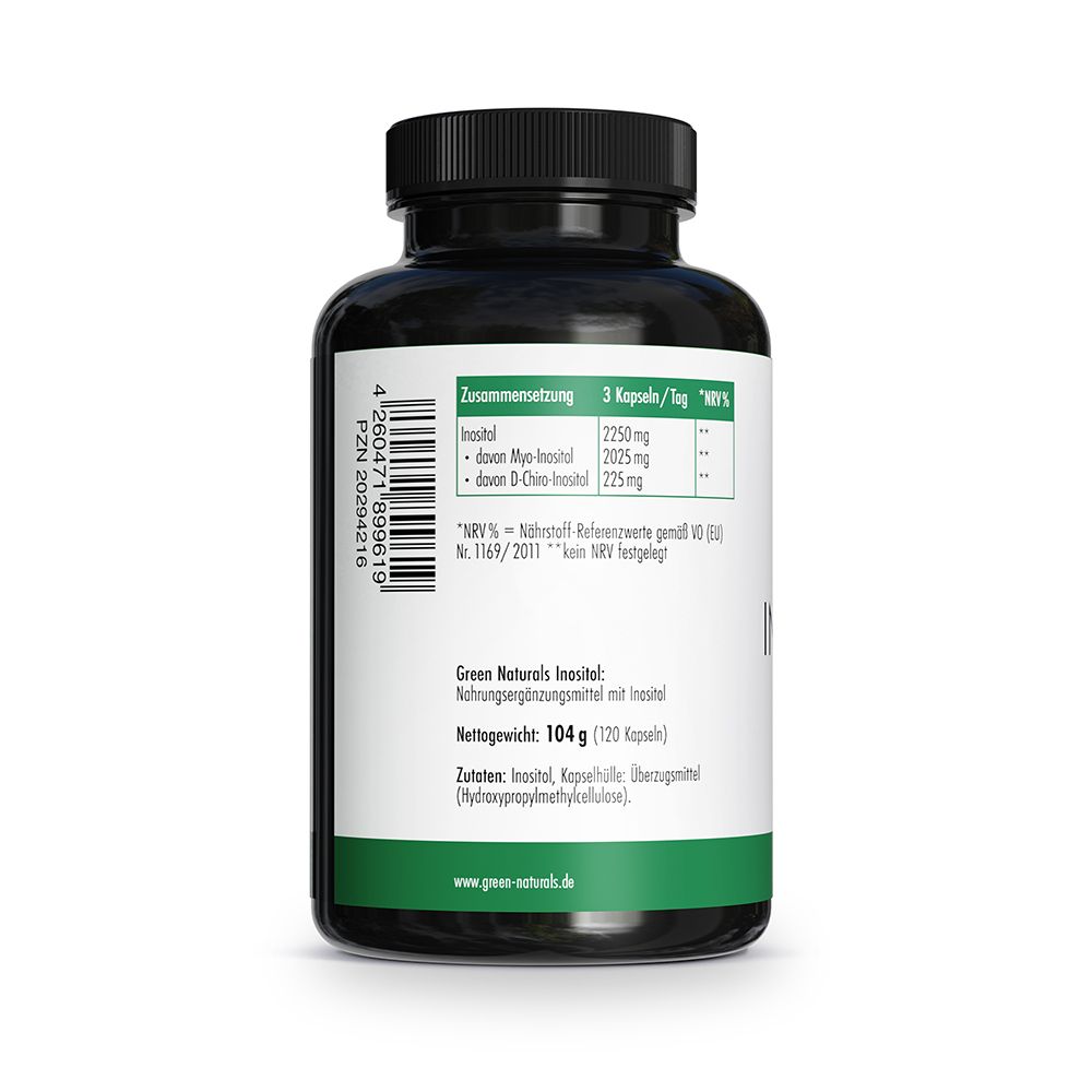 Rückseite einer Dose Inositol. Enthält Nährwertangaben, Nettofüllmenge 104 g (120 Kapseln).