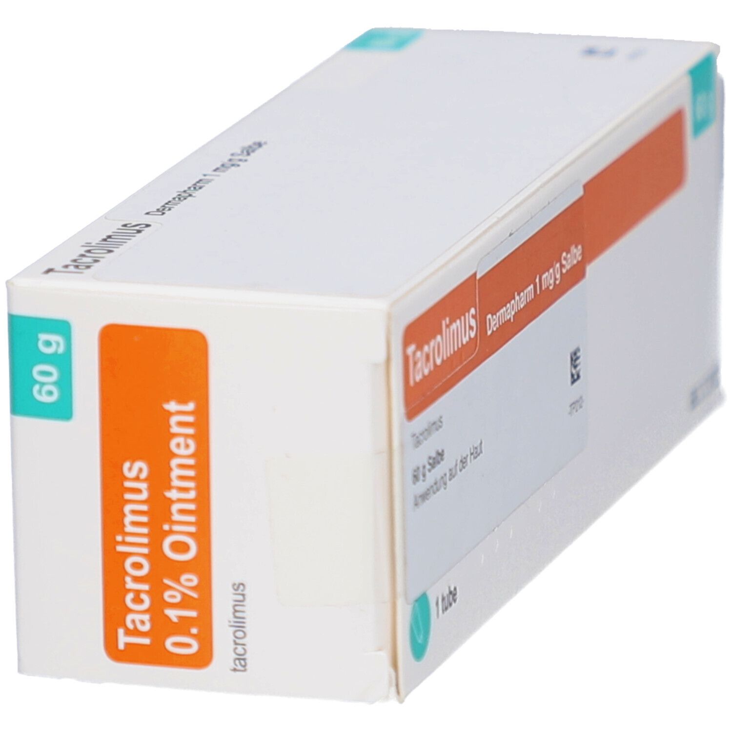 Weißer Karton mit orangefarbener Fläche. Aufschrift: Tacrolimus 0.1% Ointment. 60 g. 1 Tube.