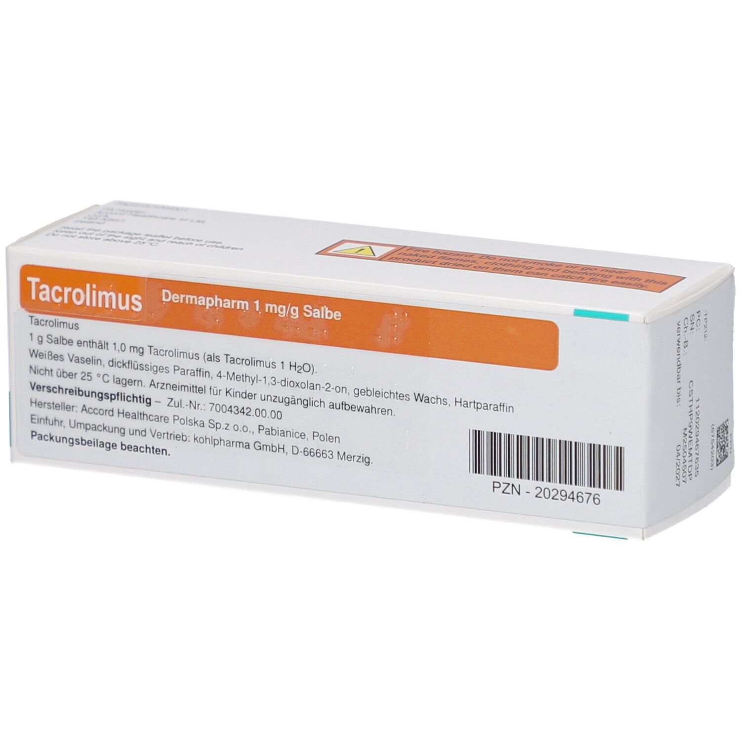 Weißer Karton mit orangefarbenem Streifen. Aufschrift: Tacrolimus Dermapharm 1 mg/g Salbe. Text und Barcode.