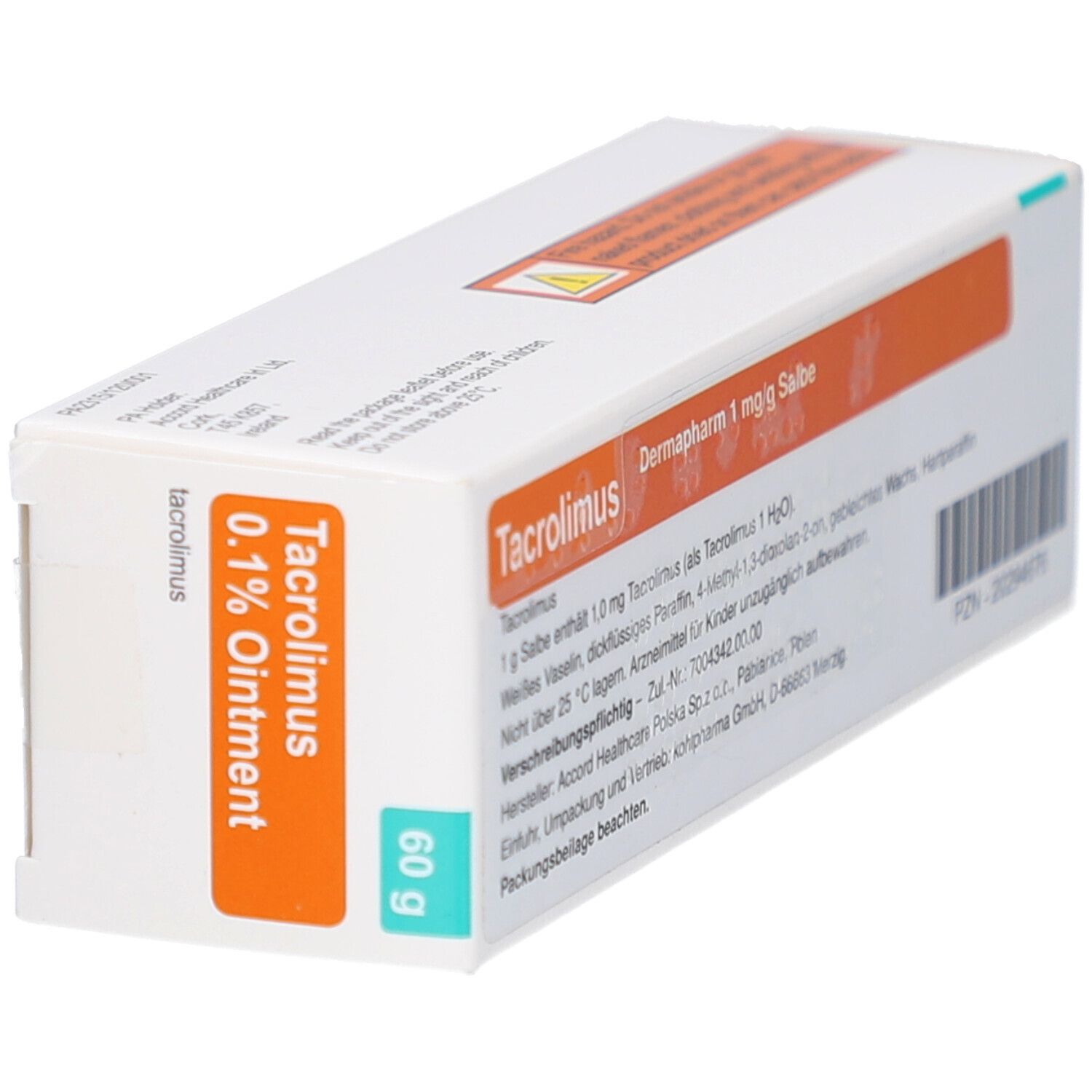 Weißer Karton mit orangefarbener Fläche. Aufschrift: Tacrolimus 0.1% Ointment. 60 g. Barcode.