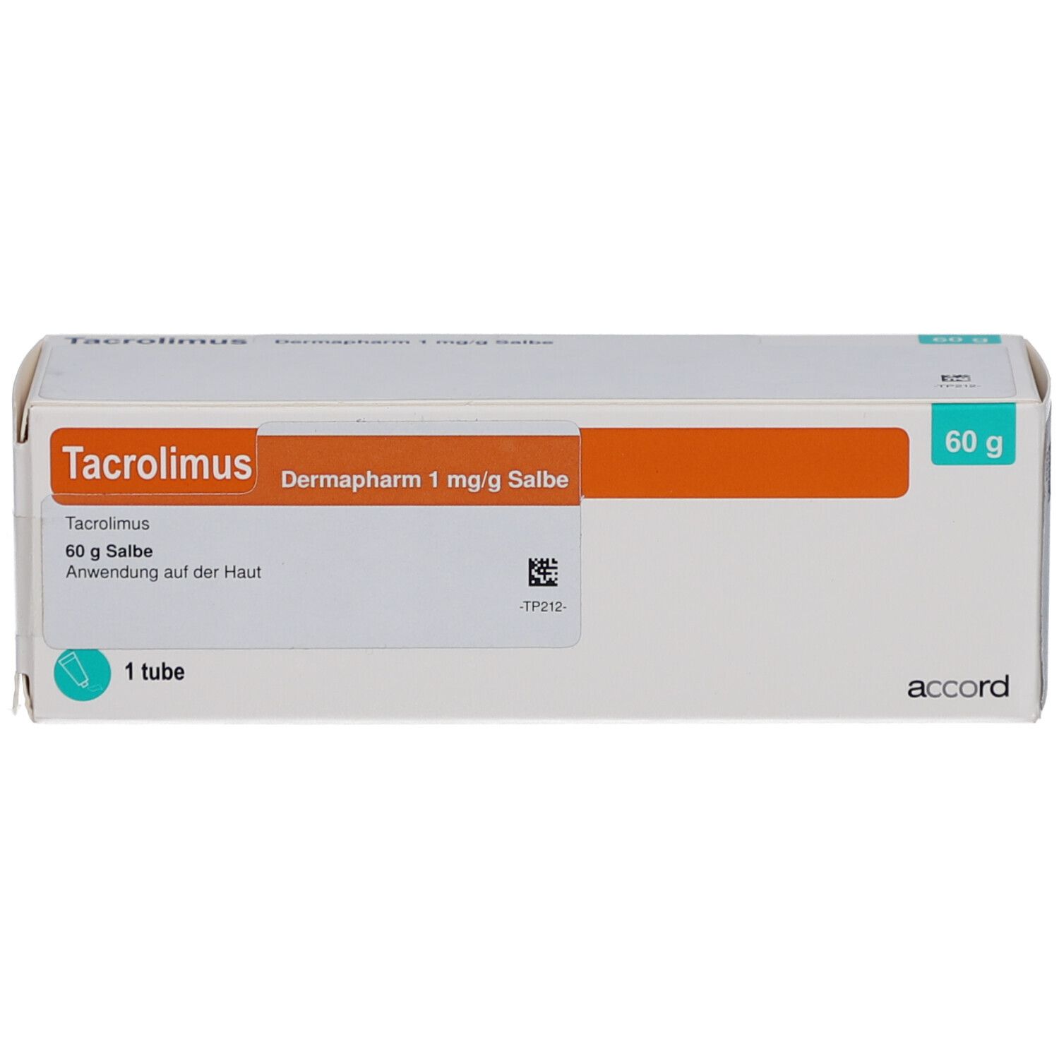 Weißer Karton mit orangefarbenem Streifen. Aufschrift: Tacrolimus Dermapharm 1 mg/g Salbe. 60 g. 1 Tube.