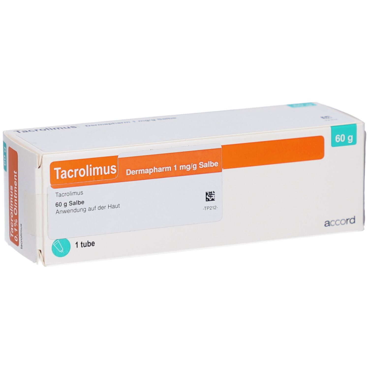 Weißer Karton mit orangefarbener Fläche. Aufschrift: Tacrolimus 0.1% Ointment. 60 g. 1 Tube.