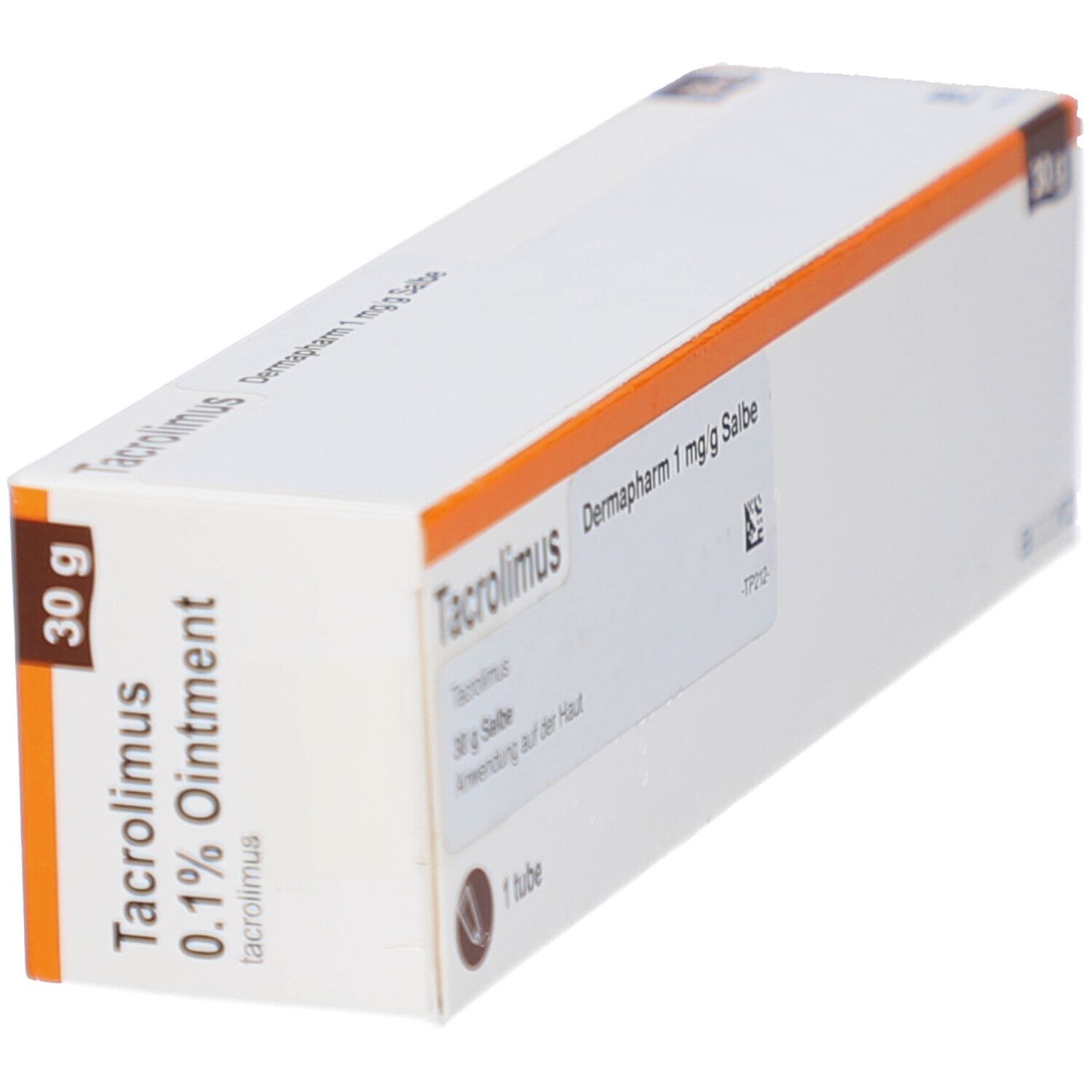 Schräg gestellte weiße Schachtel mit Tacrolimus 0,1% Ointment. 30 g Packung. Orangefarbener Streifen.