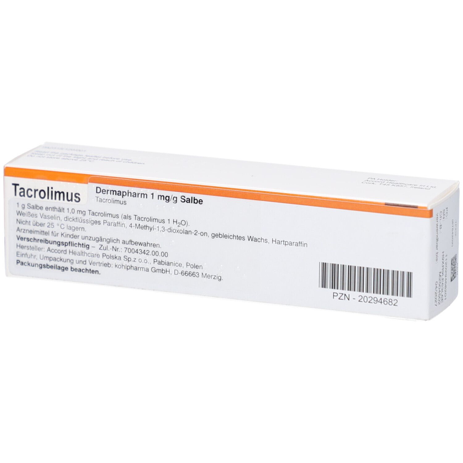 Weiße Schachtel mit Tacrolimus Dermapharm 1 mg/g Salbe. Inhaltsangaben und Herstellerinformationen.