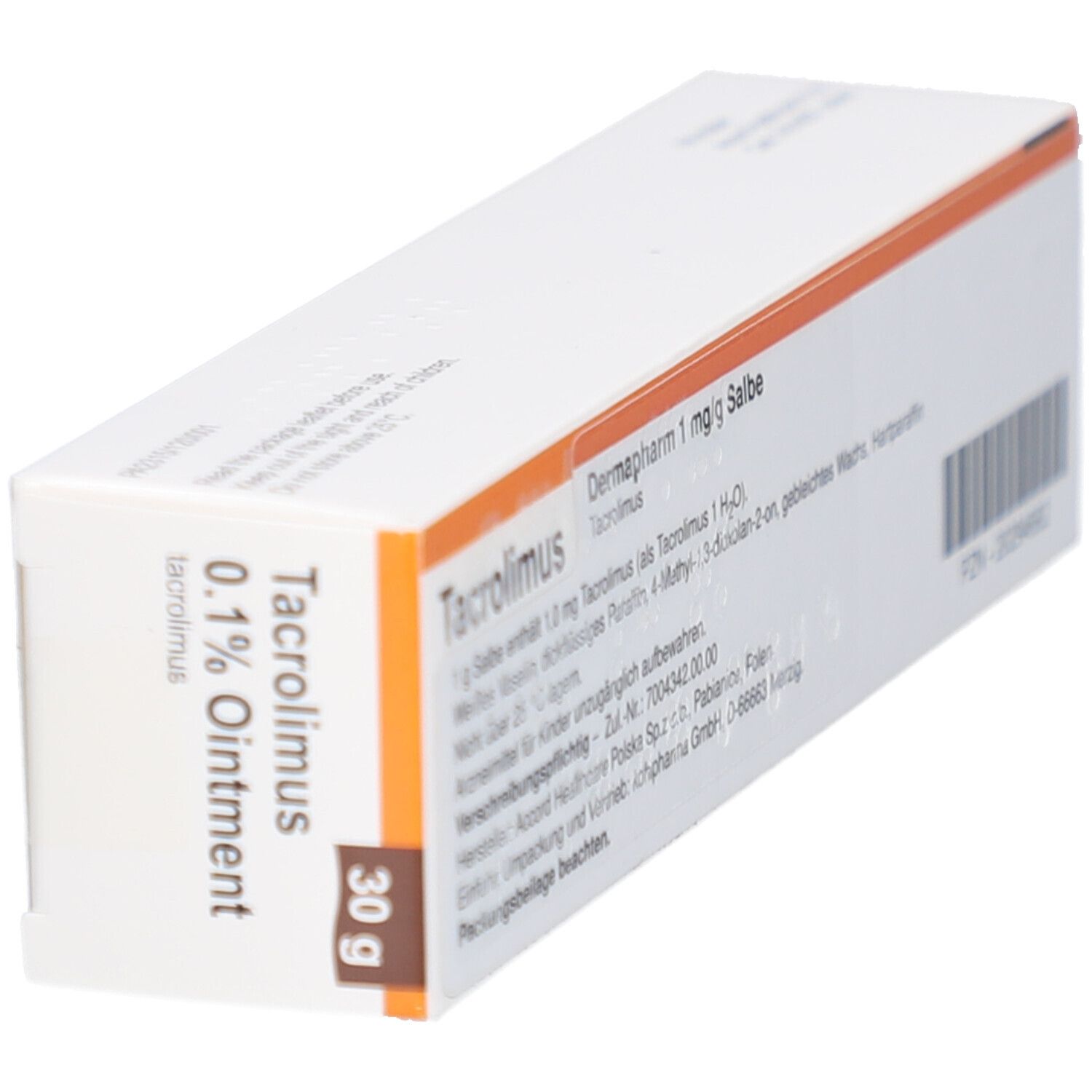 Schräg gestellte weiße Schachtel mit Tacrolimus 0,1% Ointment. 30 g Packung.
