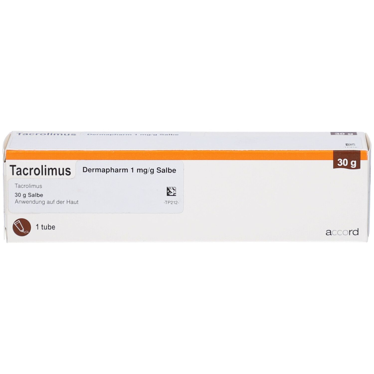 Weiße Schachtel mit Tacrolimus Dermapharm 1 mg/g Salbe. 30 g Packung. Aufschrift: 1 Tube.