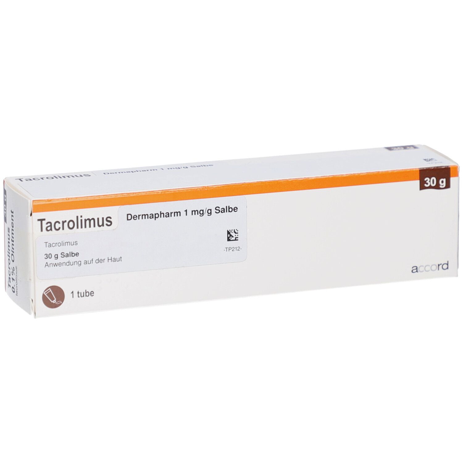 Weiße Schachtel mit Tacrolimus Dermapharm 1 mg/g Salbe. 30 g Packung. Aufschrift: 1 Tube.