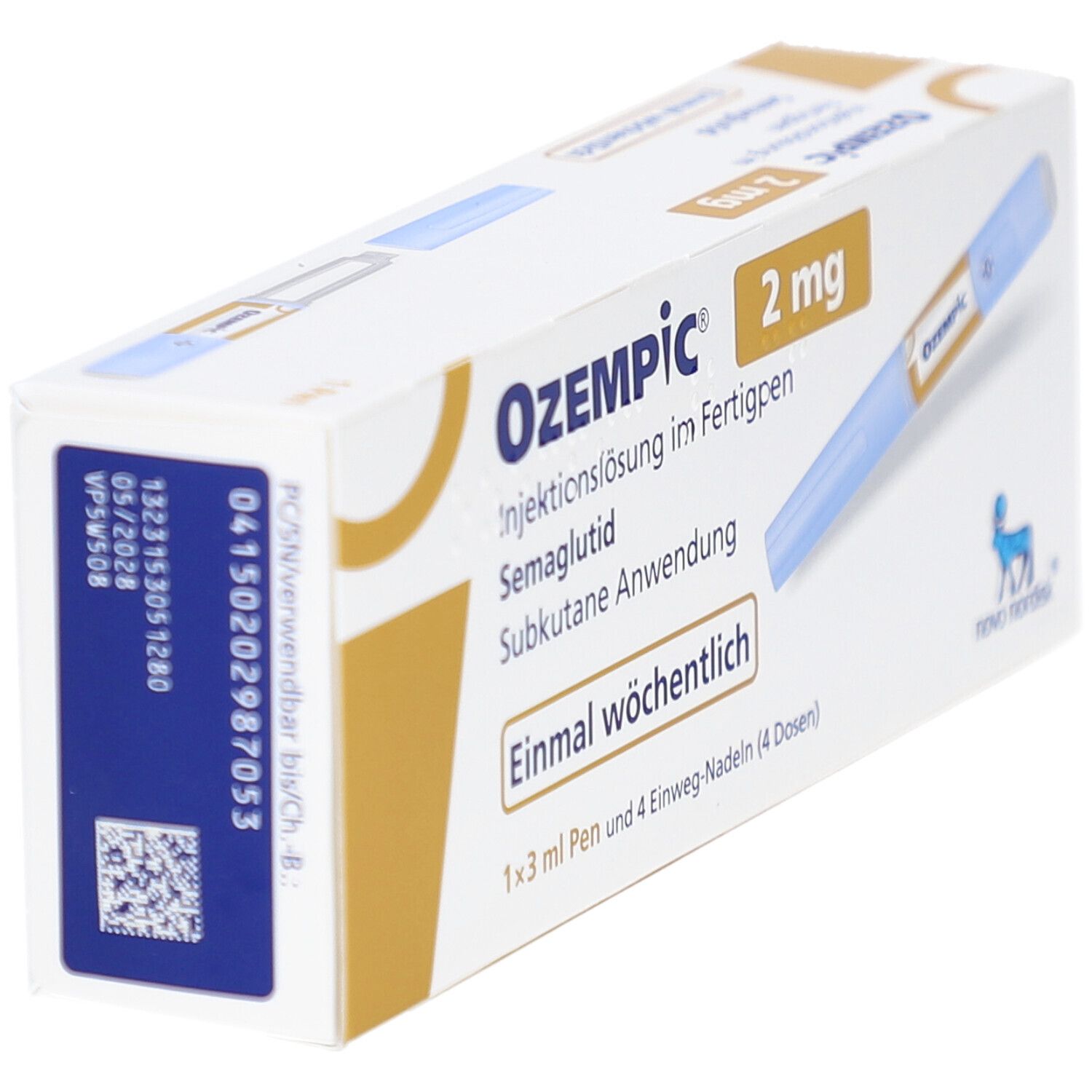 Schachtel OZEMPIC 2 mg Injektionslösung im Fertigpen. Aufschrift: Einmal wöchentlich. Enthält einen Fertigpen und 4 Nadeln.