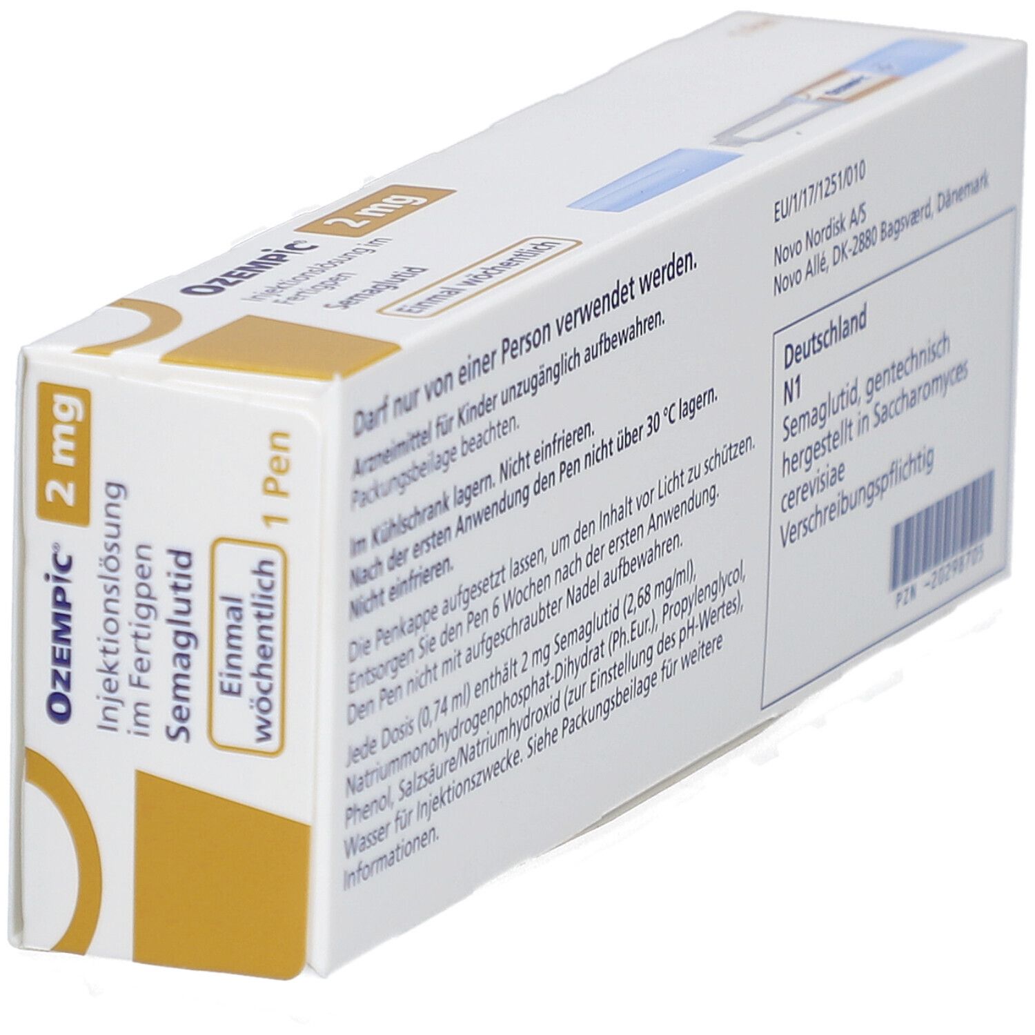 Rückseite der OZEMPIC 2 mg Schachtel. Informationen über Inhaltsstoffe, Hersteller und Verfallsdatum.