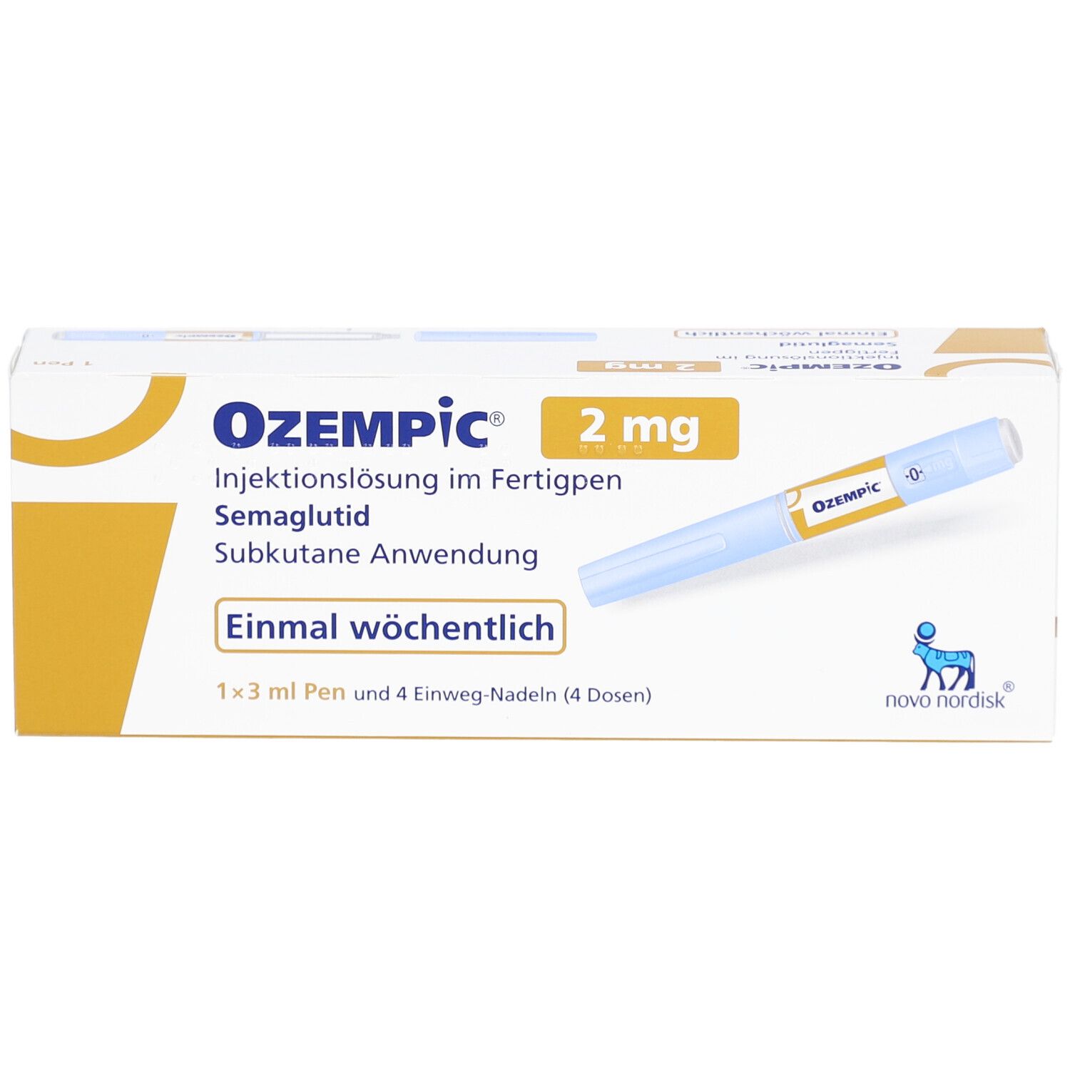 Schachtel mit OZEMPIC 2 mg Injektionslösung im Fertigpen. Enthält einen Fertigpen und 4 Nadeln. Aufschrift: Einmal wöchentlich.