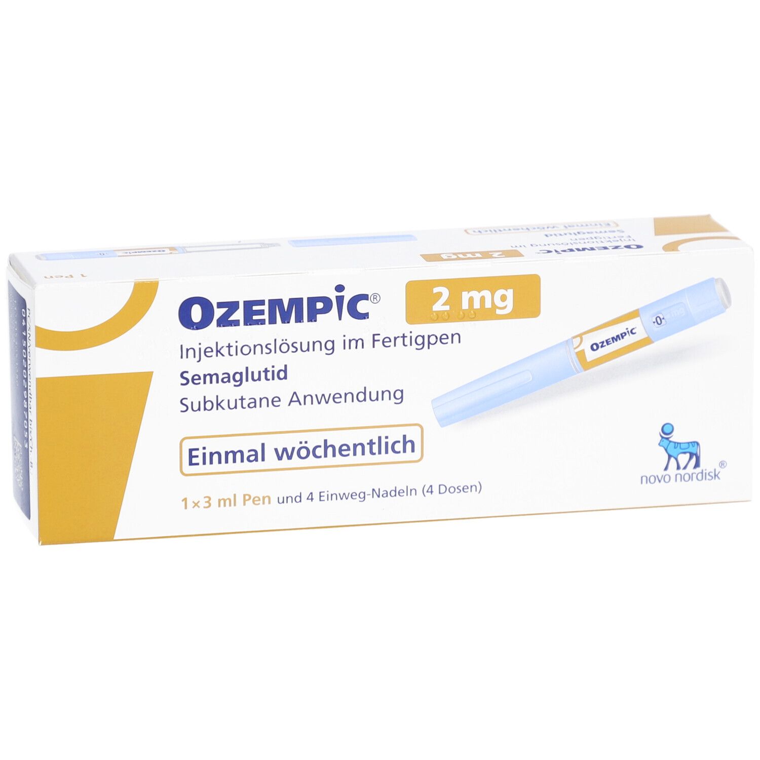 Schachtel mit OZEMPIC 2 mg Injektionslösung im Fertigpen. Enthält einen Fertigpen und 4 Nadeln. Aufschrift: Einmal wöchentlich.