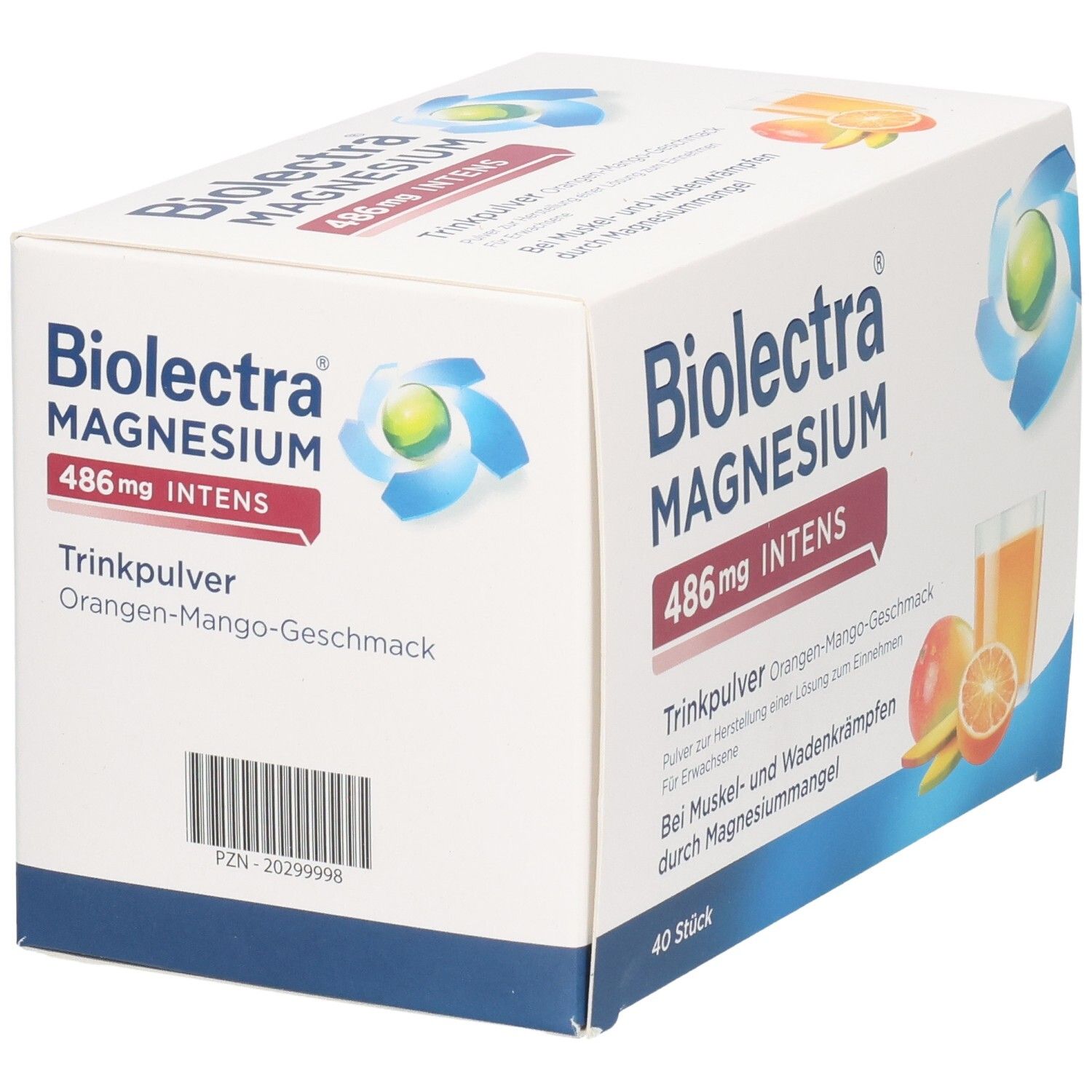 Weißer Karton mit "Biolactra Magnesium 486 mg INTENS". Barcode und Produktname. 40 Stück.