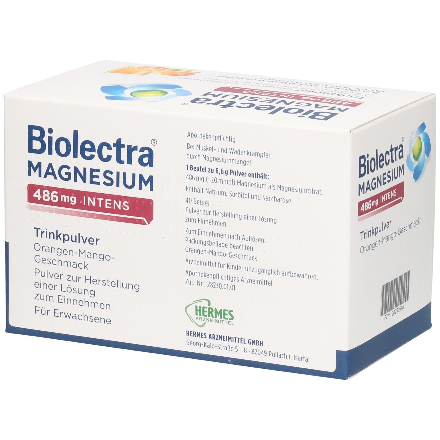 Karton mit "Biolactra Magnesium 486 mg INTENS". Text und Logo von Hermes Arzneimittel. 40 Beutel.