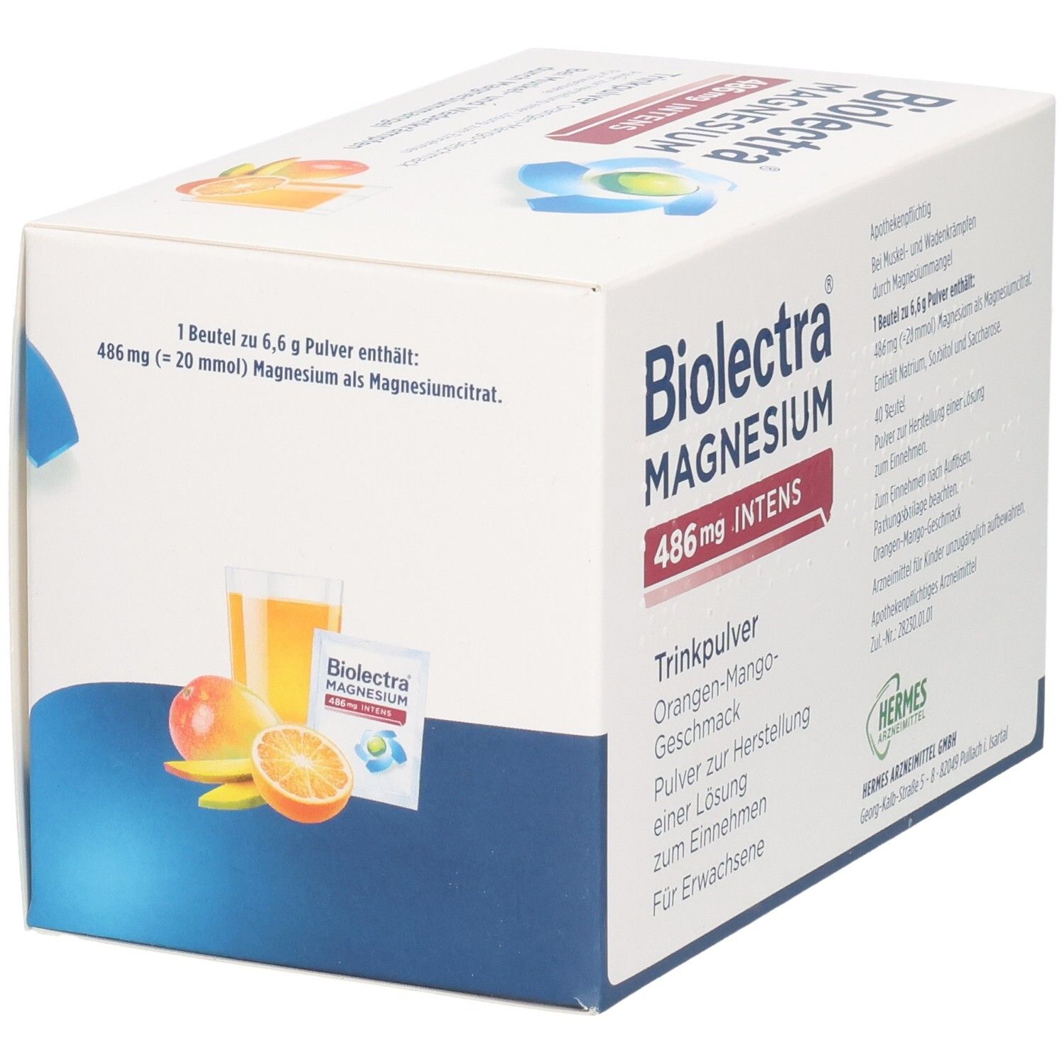 Karton mit "Biolactra Magnesium 486 mg INTENS". Abbildung von Beutel, Mango, Orange und Glas. Hermes Logo.