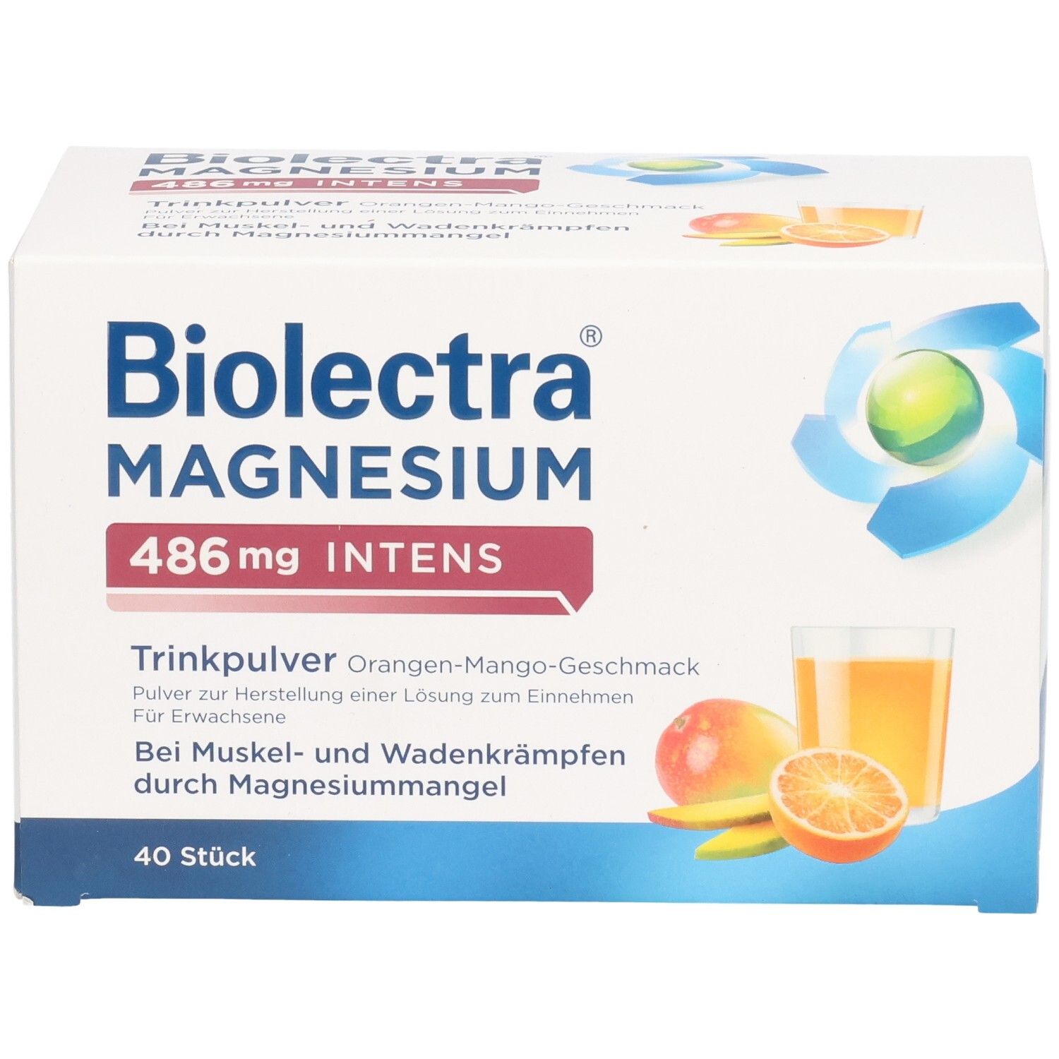 Weißer Karton mit "Biolactra Magnesium 486 mg INTENS". Abbildung von Mango, Orange und Glas. 40 Stück.