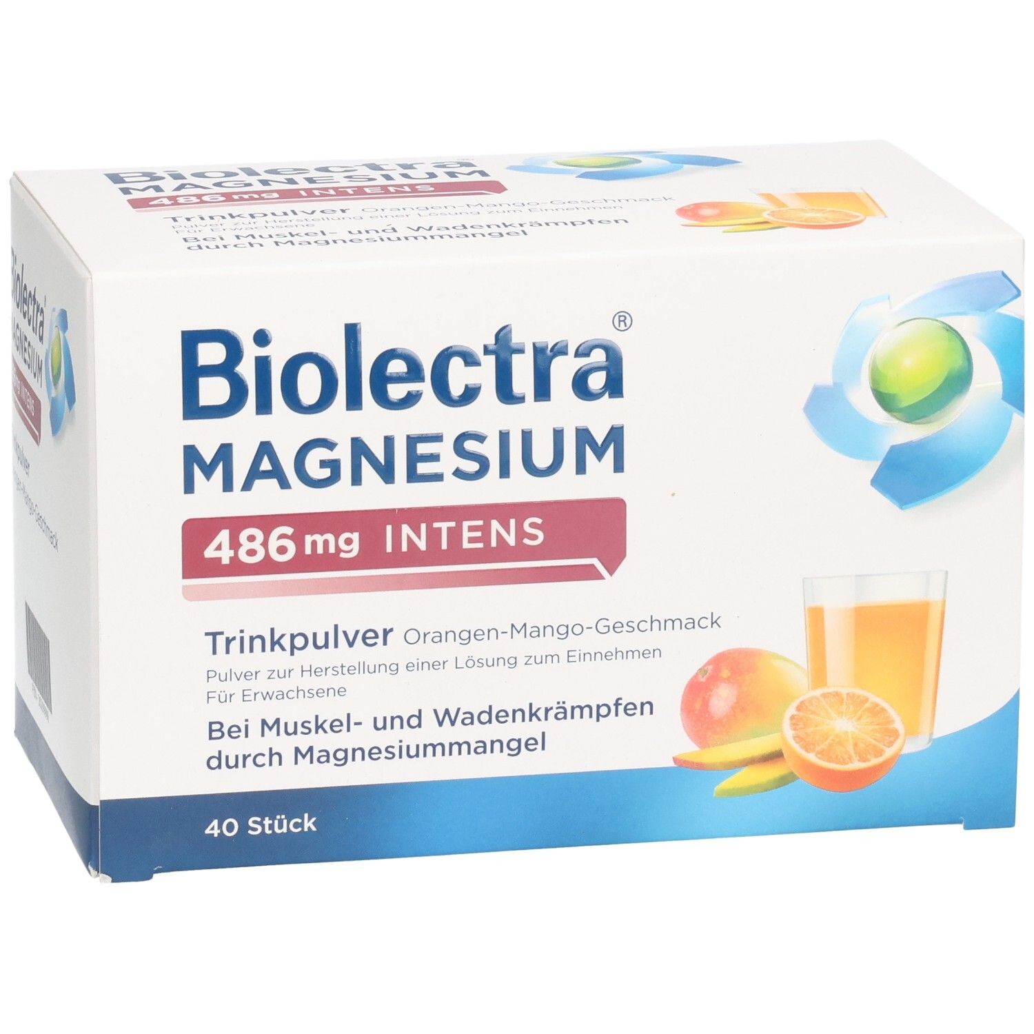 Weißer Karton mit "Biolactra Magnesium 486 mg INTENS". Abbildung von Mango, Orange und Glas. 40 Stück.