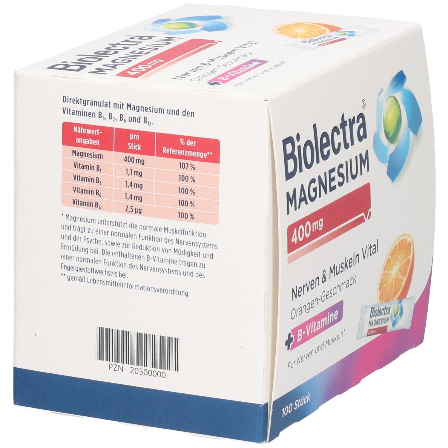 Rückseite der BIOLECTRA Magnesium 400 mg Packung mit Nährwertangaben und Vitamin-B-Gehalt.