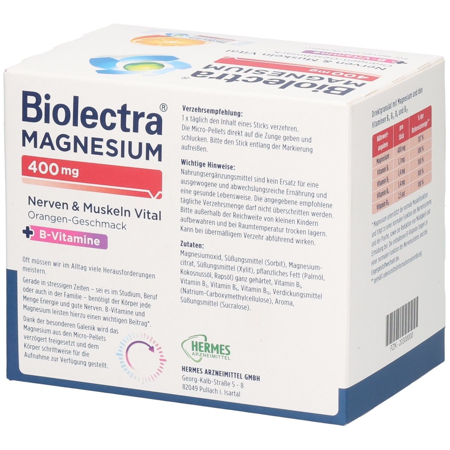 Seite der BIOLECTRA Magnesium 400 mg Packung mit Anwendungshinweisen und Inhaltsstoffen.