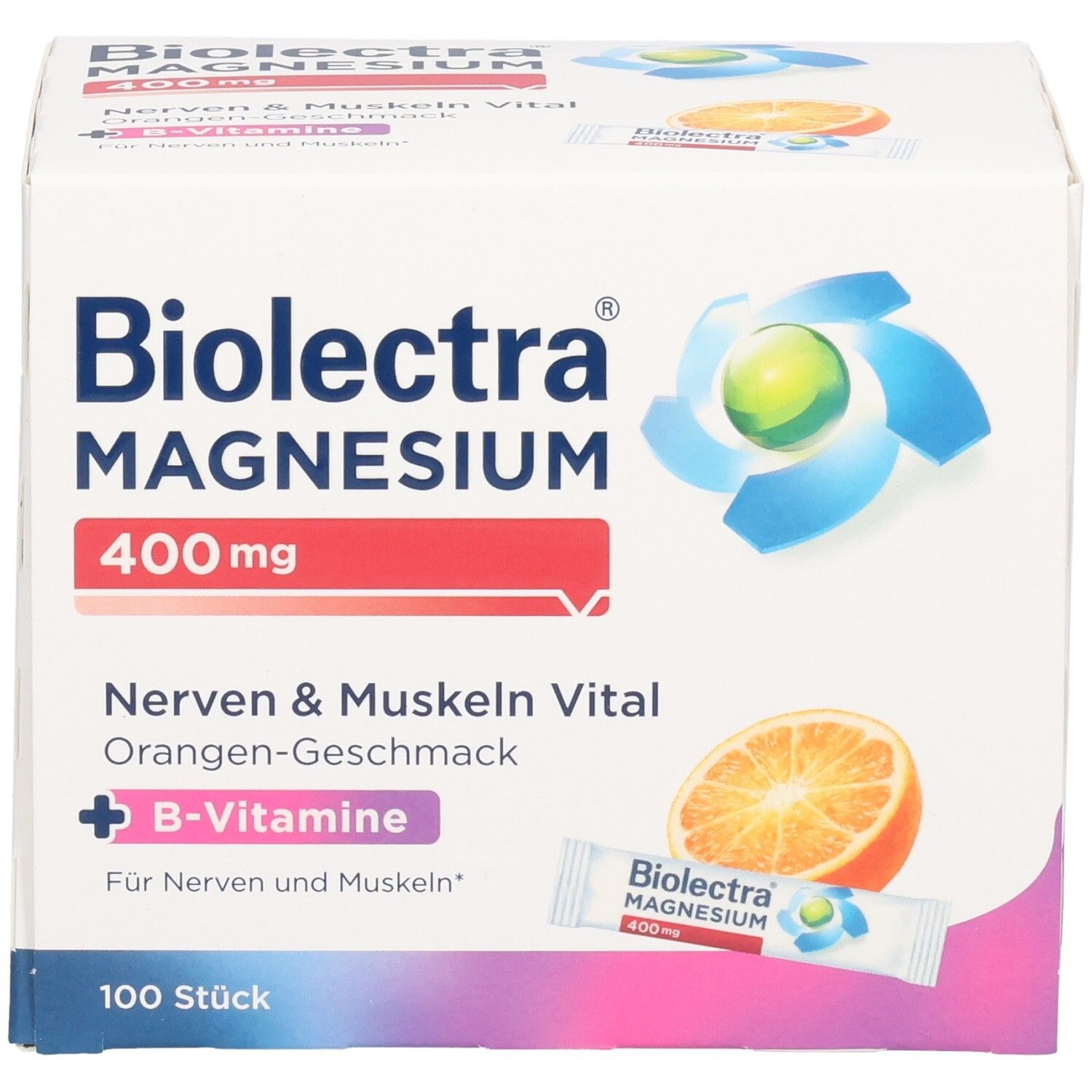 Vorderseite der BIOLECTRA Magnesium 400 mg Packung mit Orangenmotiv und Einzelportion.