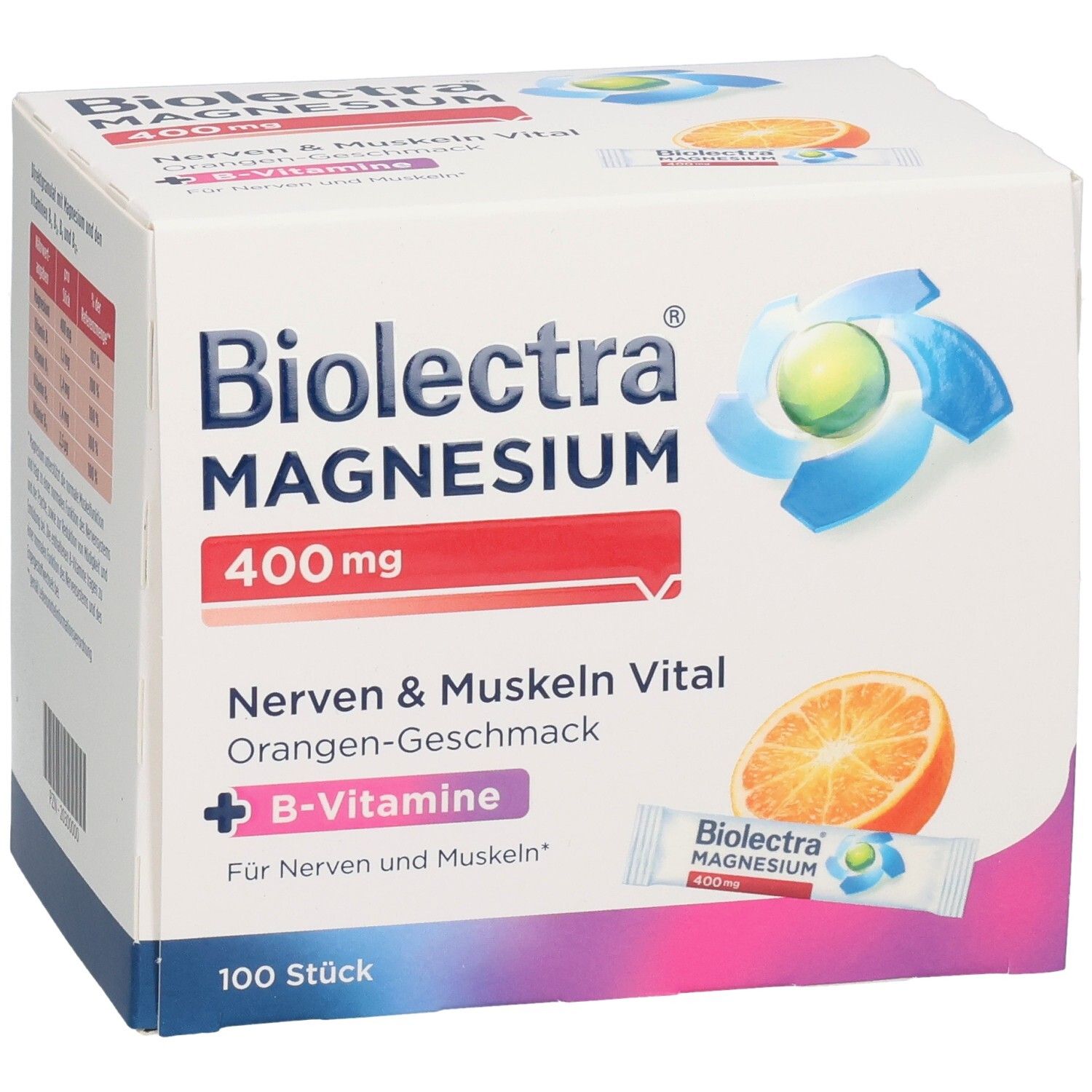 BIOLECTRA Magnesium 400 mg Packung, 100 Stück, mit Orangen-B-Vitamin-Geschmack.