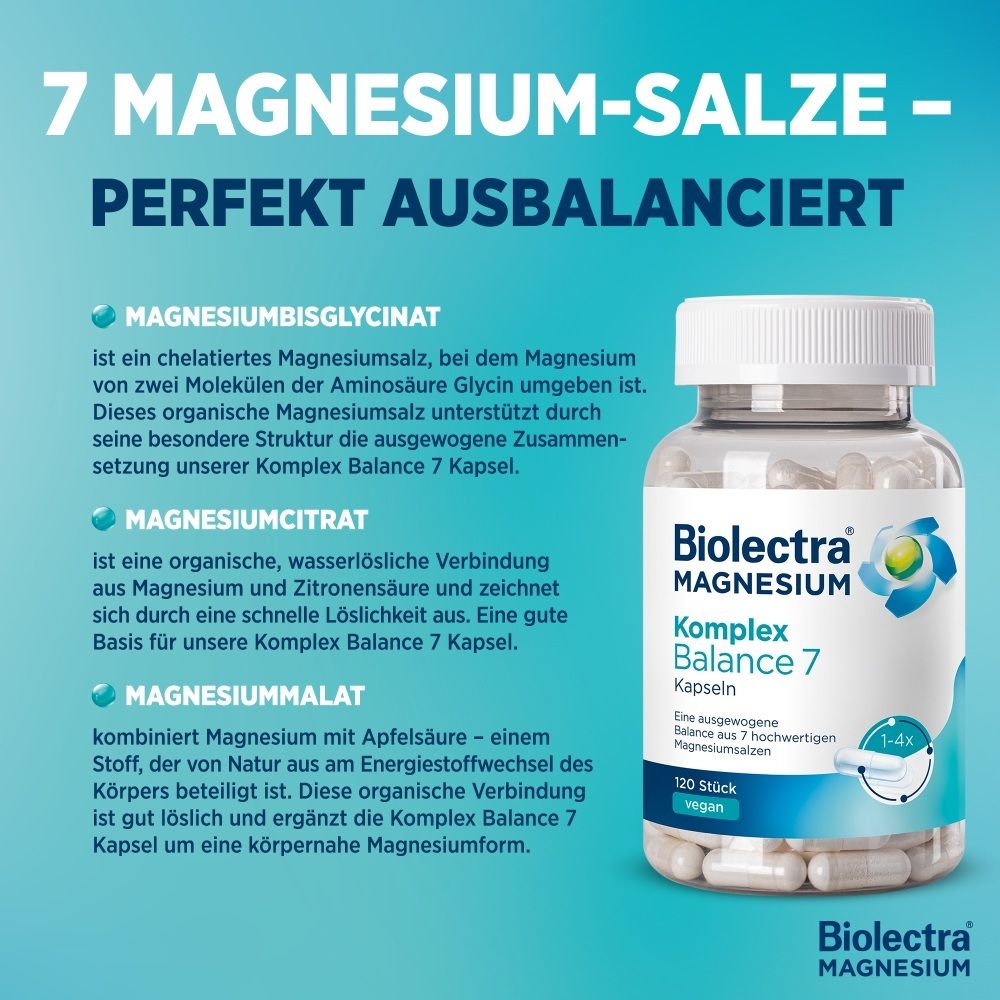Biolectra Magnesium Komplex Balance 7 Kapsel: Magnesiumbisglycinat, Magnesiumcitrat, Magnesiummalat. Beschreibung der Inhaltsstoffe.