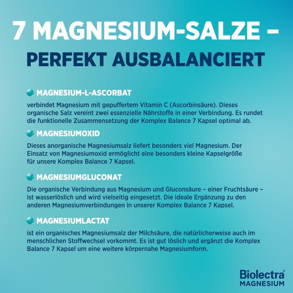 Biolectra Magnesium Komplex Balance 7 Kapsel: Magnesium-L-Ascorbat, Magnesiumoxid, Magnesiumgluconat, Magnesiumlactat. Beschreibung der Inhaltsstoffe.