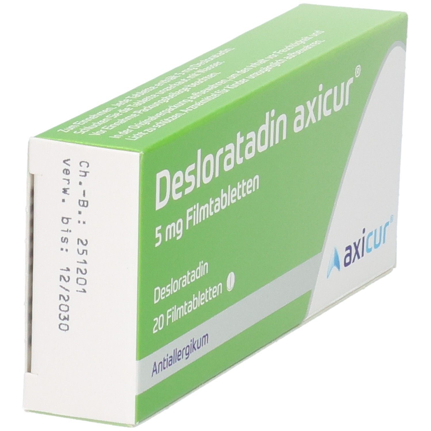 Rückseite der Verpackung von Desloratadin axicur® 5 mg Filmtabletten mit Chargennummer und Verfallsdatum.