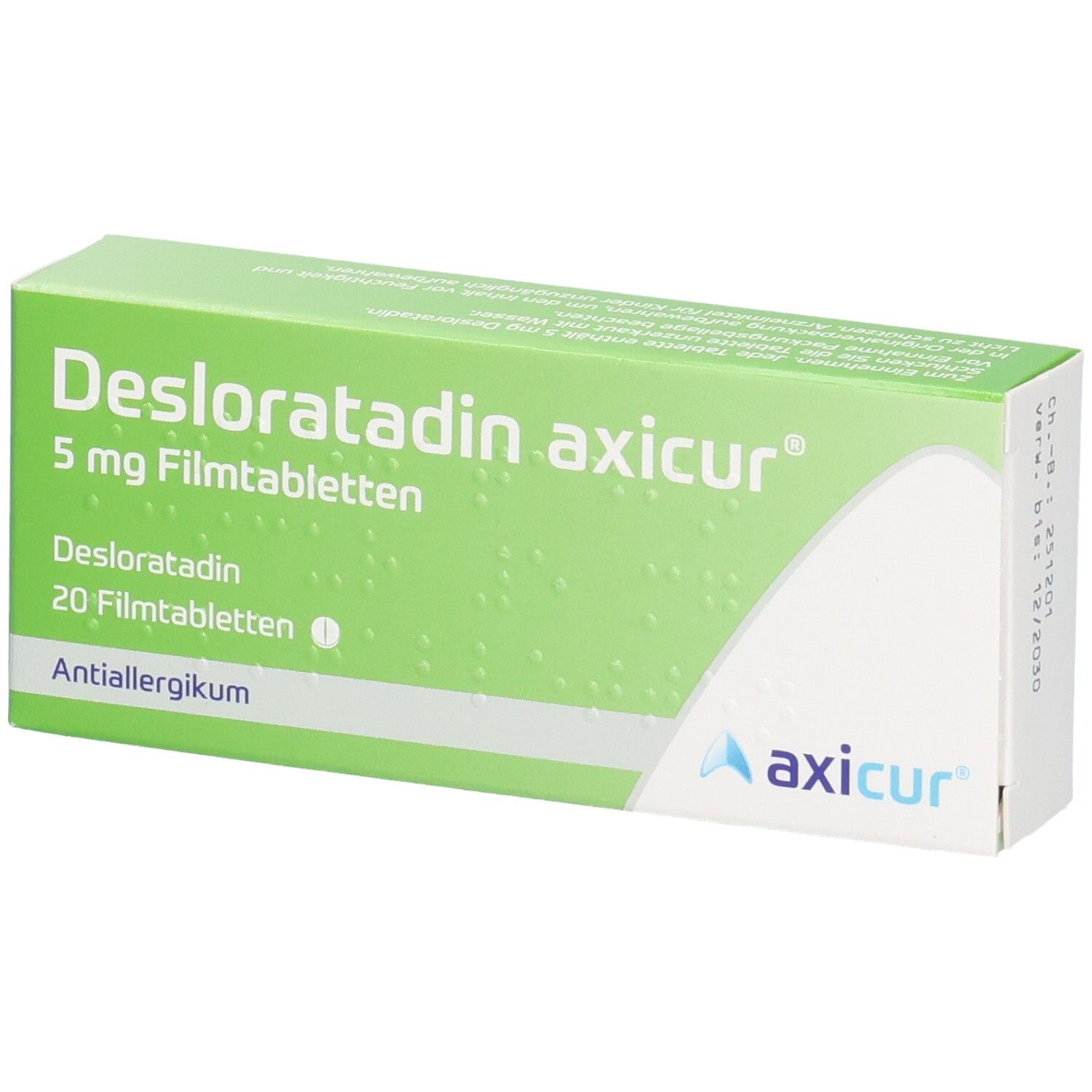 Vorderseite der Verpackung von Desloratadin axicur® 5 mg Filmtabletten, 20 Stück.