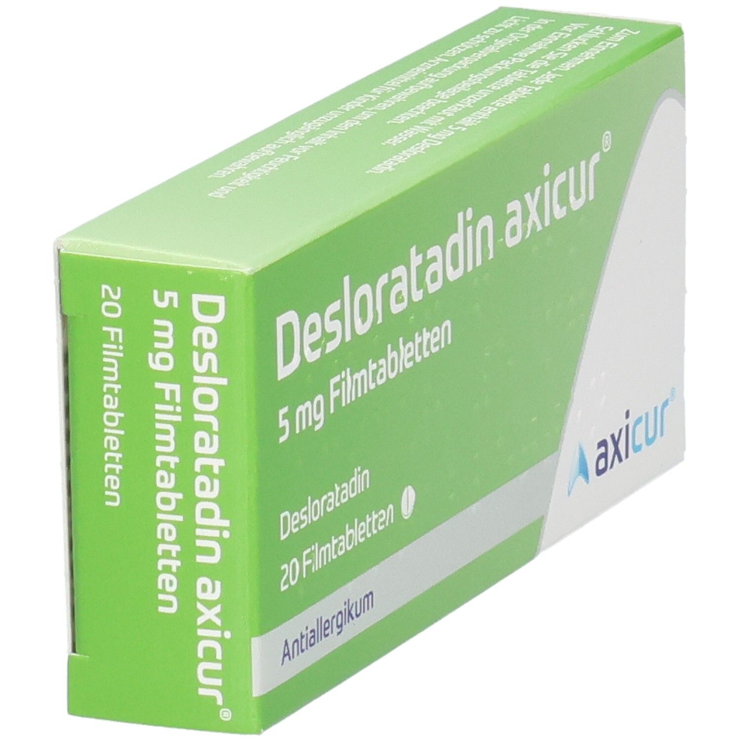 Seitenansicht der Verpackung von Desloratadin axicur® 5 mg Filmtabletten.