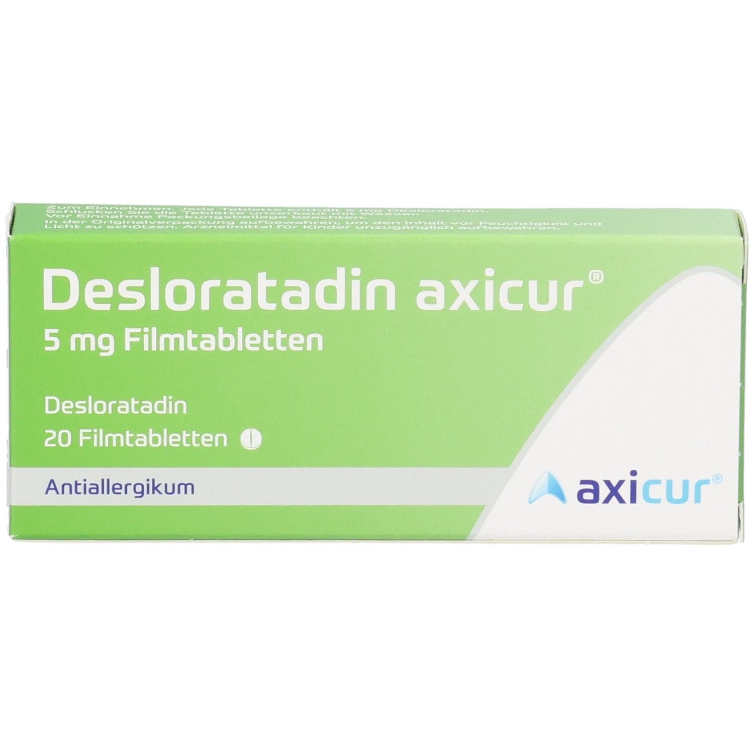 Verpackung von Desloratadin axicur® 5 mg Filmtabletten, 20 Stück, mit axicur® Logo.