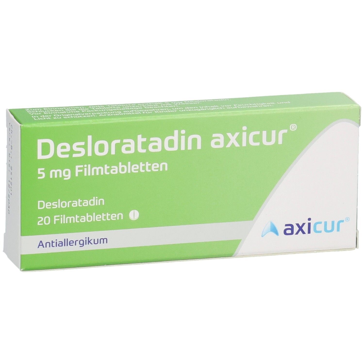 Vorderseite der Verpackung von Desloratadin axicur® 5 mg Filmtabletten, 20 Stück.