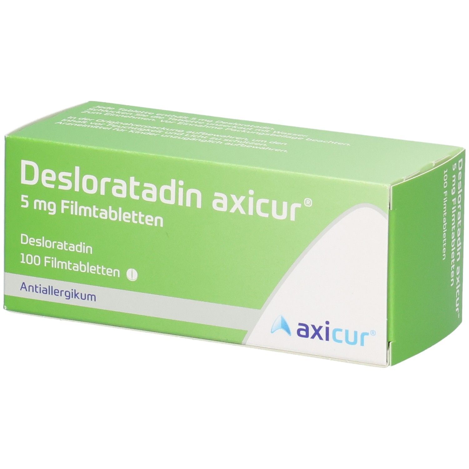 Desloratadin axicur® 5 mg Filmtabletten Verpackung, 100 Stück.