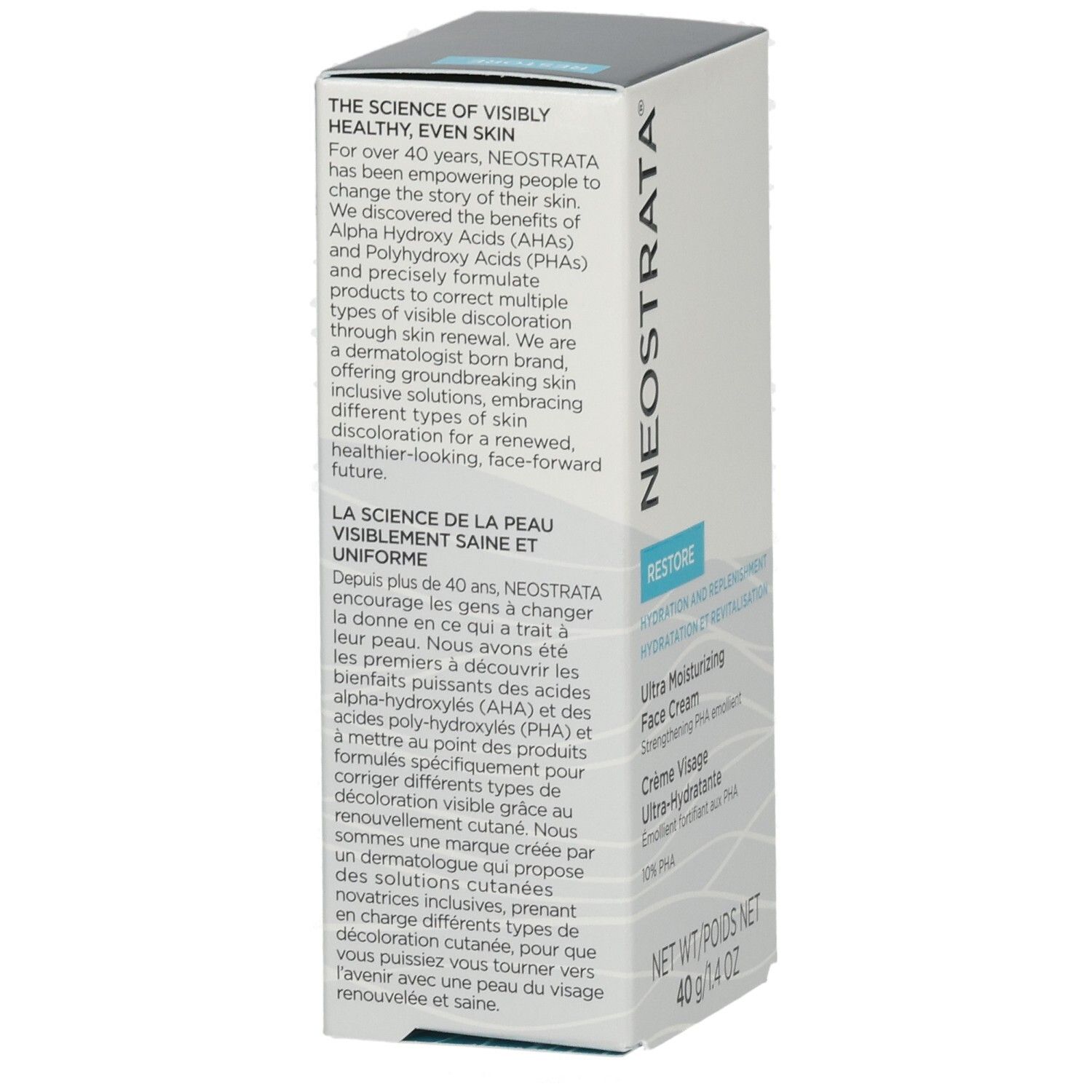 NeoStrata Restore Ultra Moisturizing Face Cream Karton, Seite mit deutscher Beschreibung.