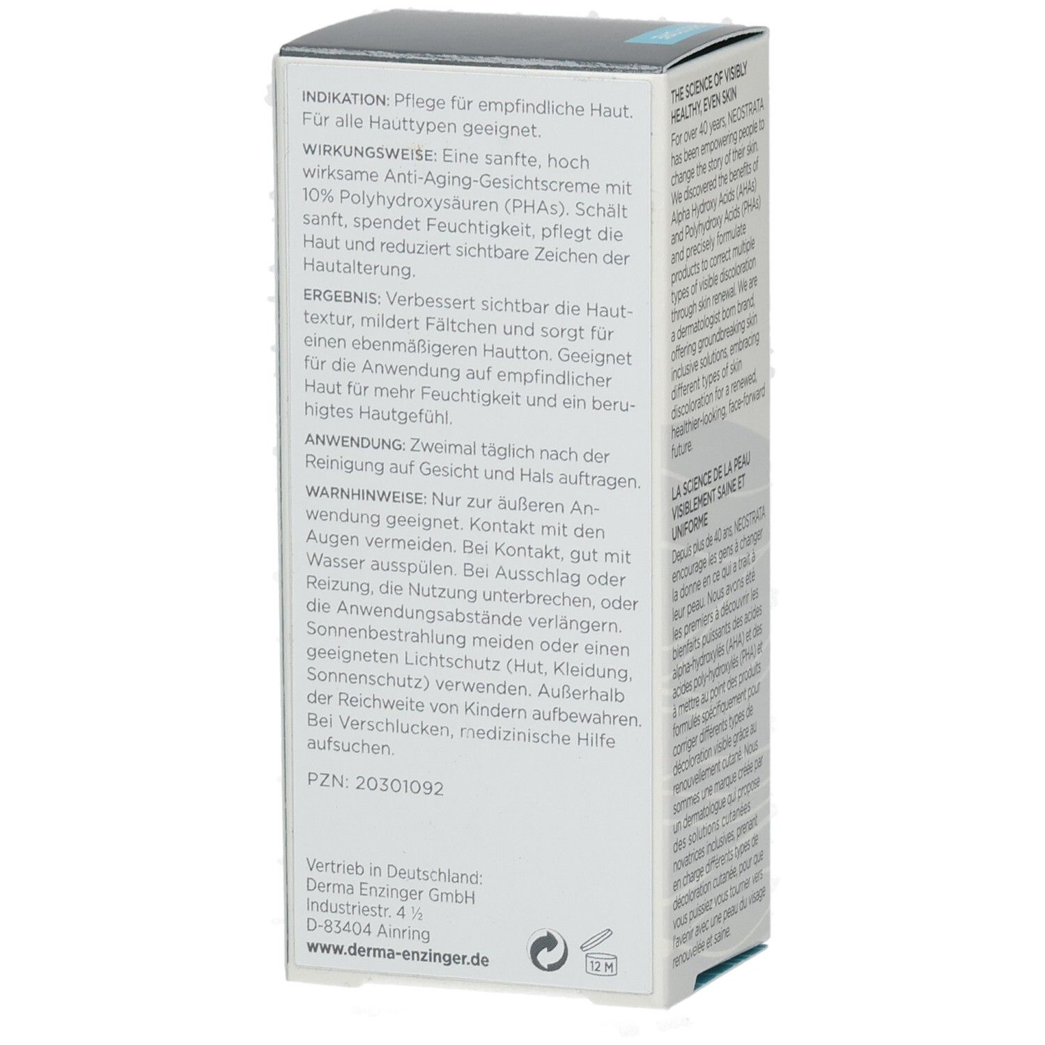 NeoStrata Restore Ultra Moisturizing Face Cream Karton, Seite mit deutscher Indikation und Anwendung.