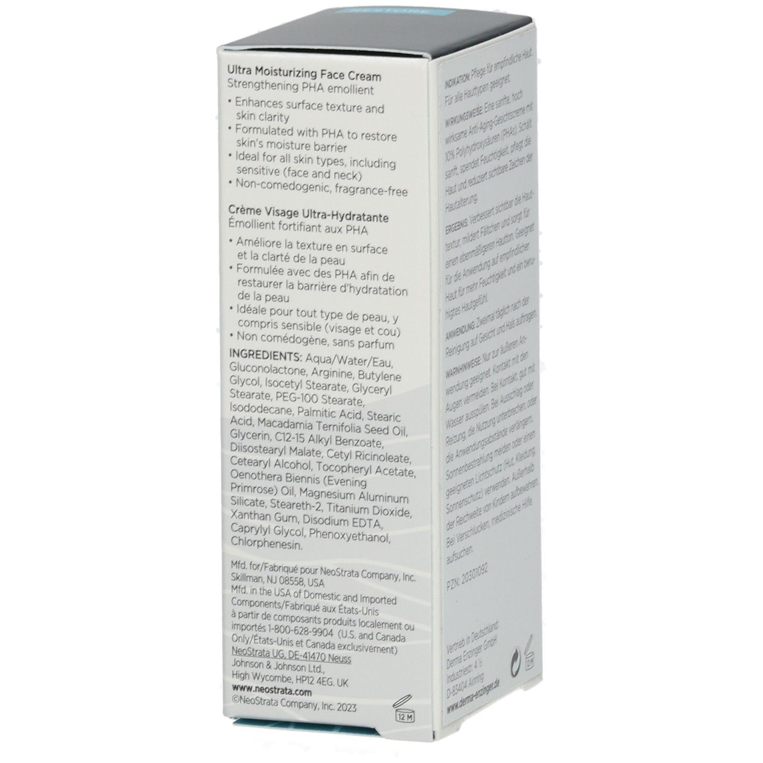 NeoStrata Restore Ultra Moisturizing Face Cream Karton, Seite mit Inhaltsstoffen und Anwendung.
