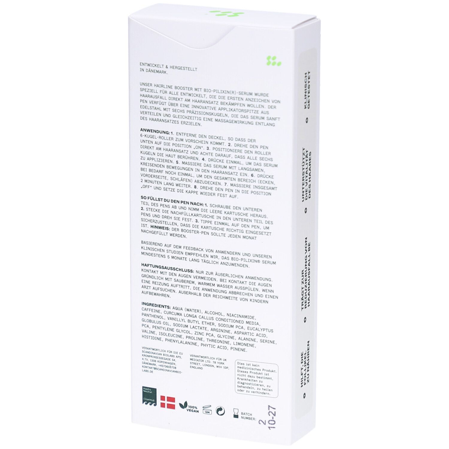 Rückseite der Produktverpackung. Text in deutscher Sprache. Zutatenliste. Logos und Zertifizierungen.