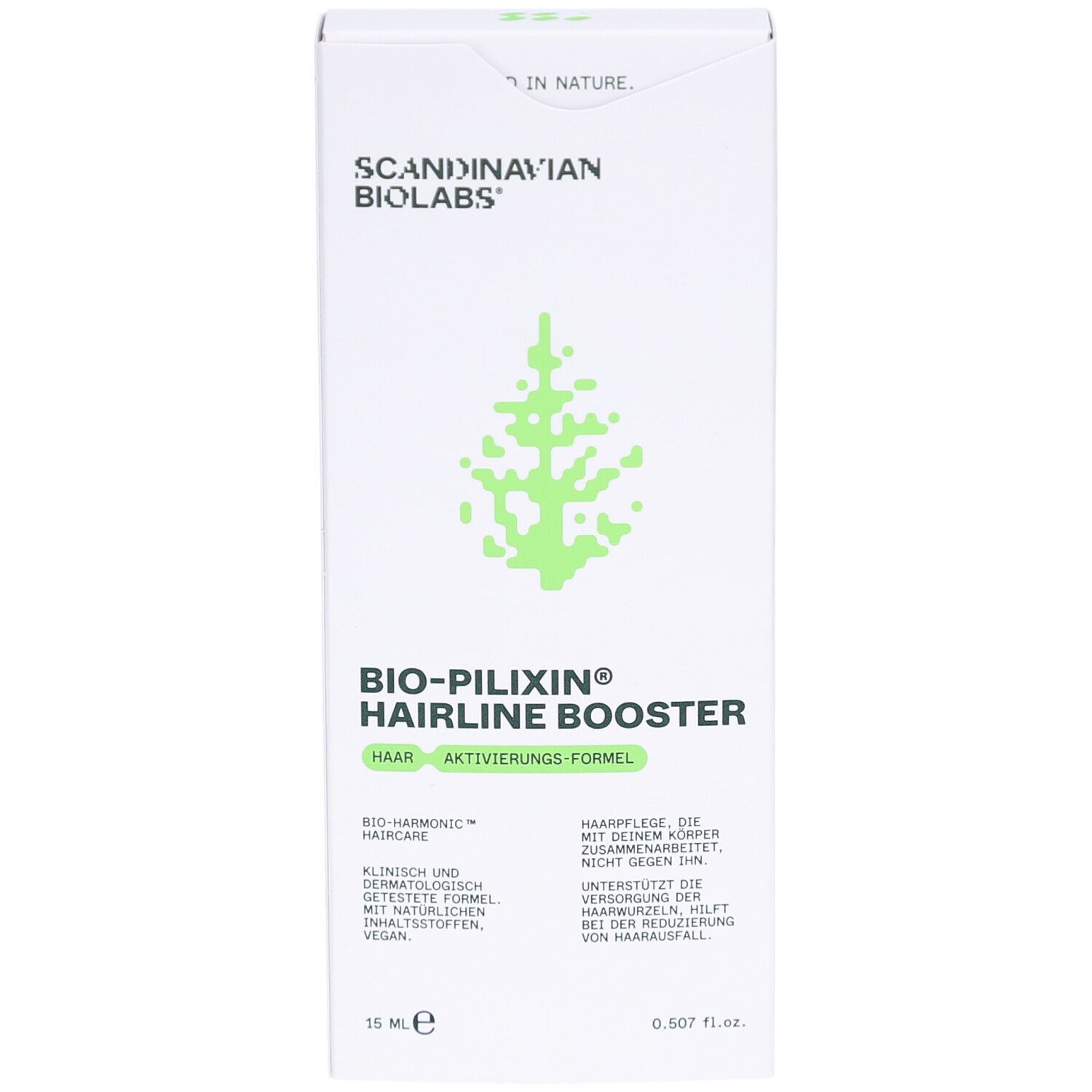 Weiße Produktverpackung. Aufschrift: BIO-PILIXIN Hairline Booster, Scandinavian Biolabs. Grünes Baum-Logo. 15 ml.