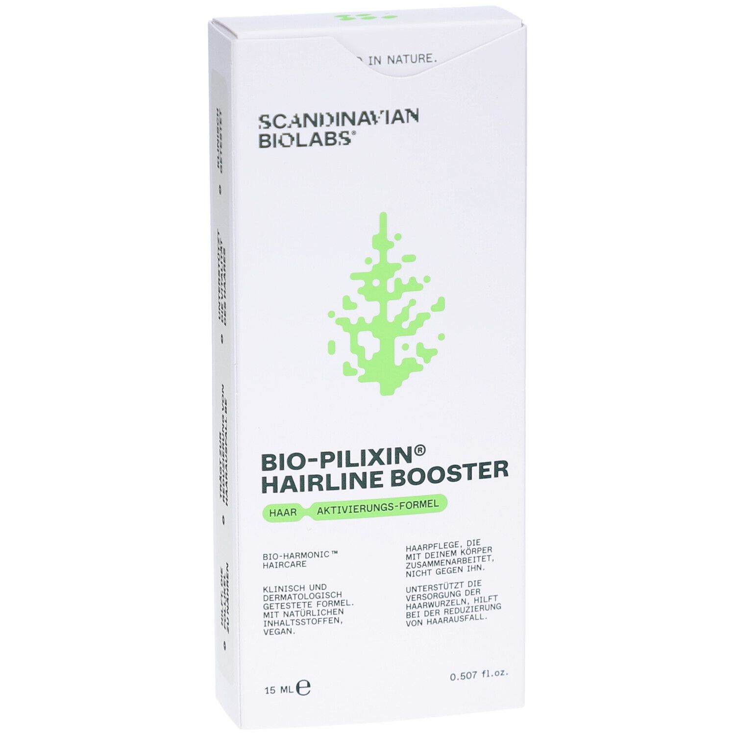 Weiße Produktverpackung. Aufschrift: BIO-PILIXIN Hairline Booster, Scandinavian Biolabs. Grünes Baum-Logo. 15 ml.