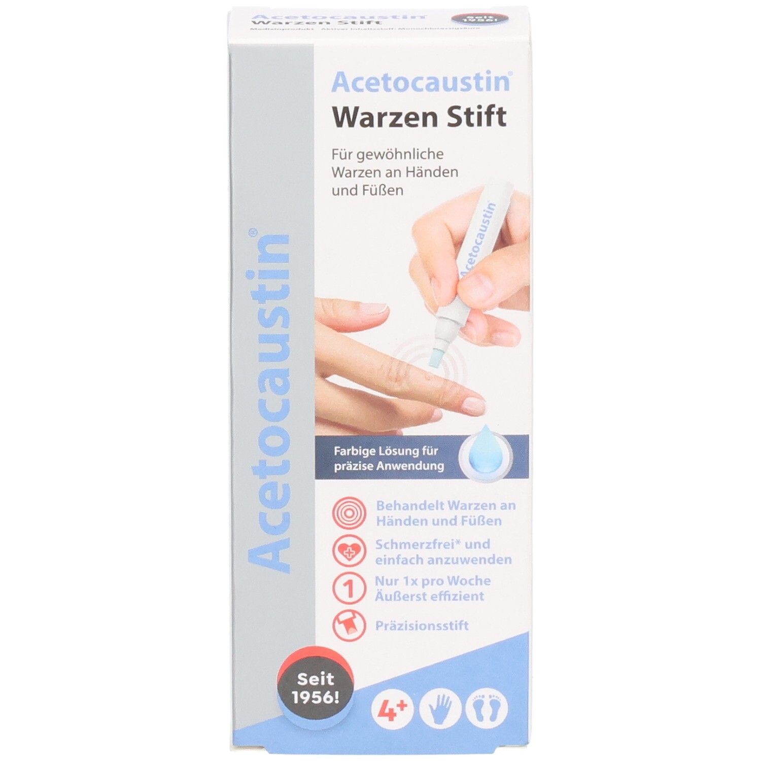 Schachtel mit Acetocaustin Warzen Stift. Aufdruck: Für Warzen an Händen und Füßen. Abbildung: Anwendung am Finger. Seit 1956!