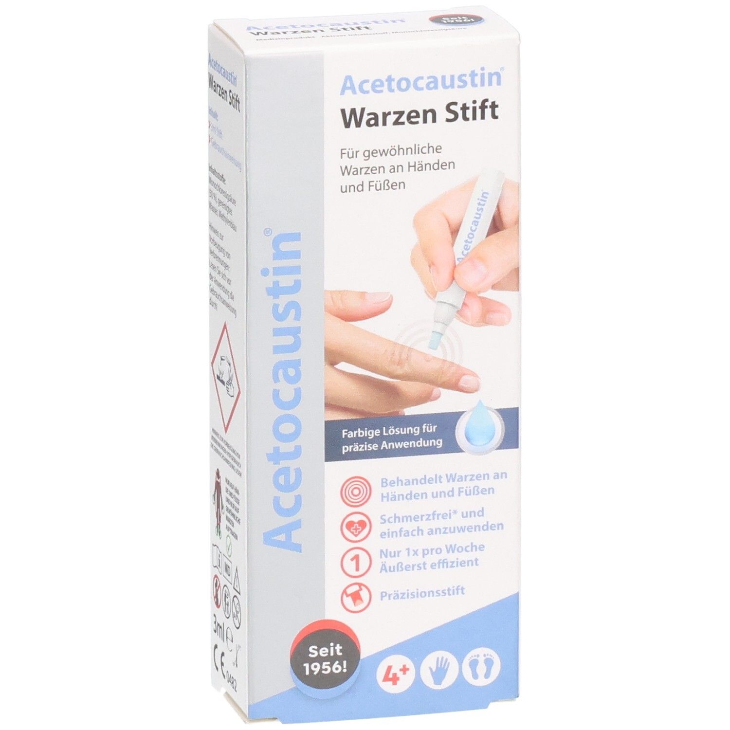 Schachtel mit Acetocaustin Warzen Stift. Aufdruck: Für Warzen an Händen und Füßen. Abbildung: Anwendung am Finger. Seit 1956!