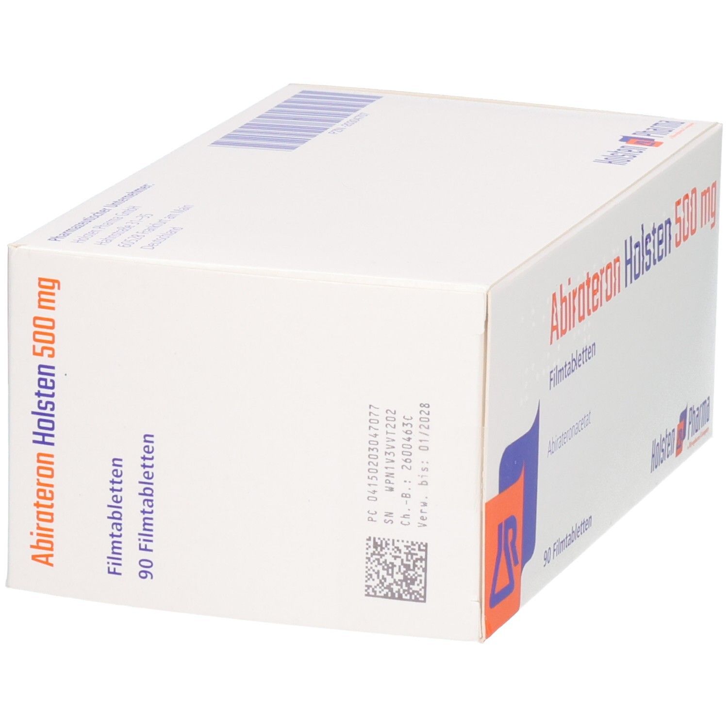 Rückseite der Schachtel Abirateron Holsten 500 mg Filmtabletten mit Chargennummer und Verfallsdatum.