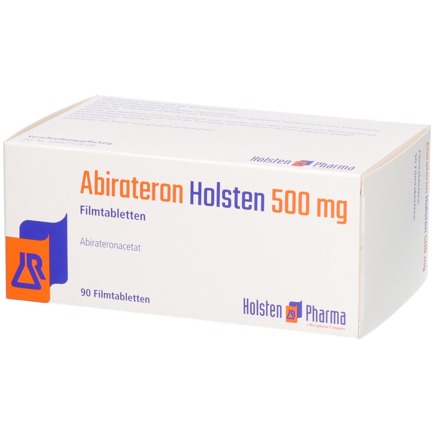 Abirateron Holsten 500 mg Filmtabletten Schachtel, 90 Stück, Vorderansicht.