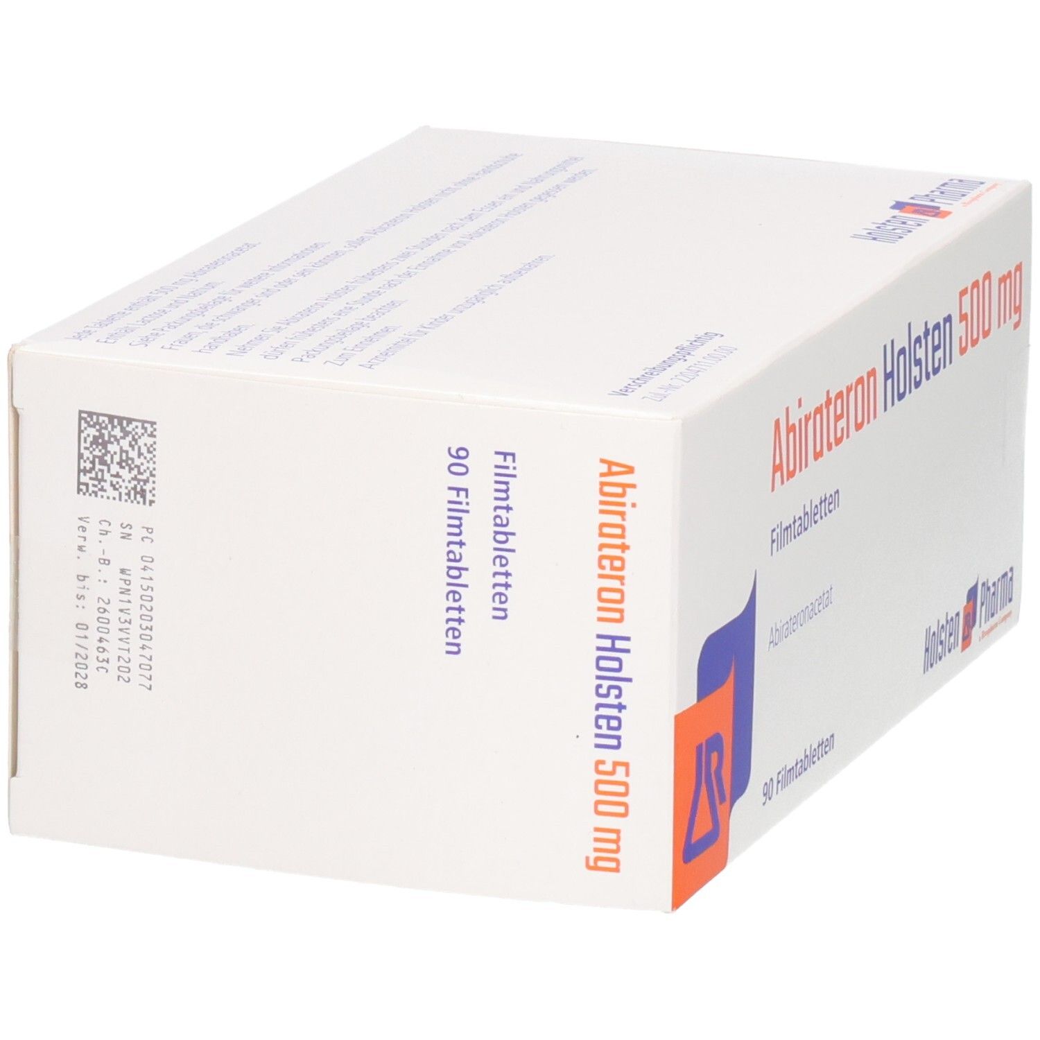 Seitenansicht der Schachtel Abirateron Holsten 500 mg Filmtabletten mit Barcode und Chargendetails.