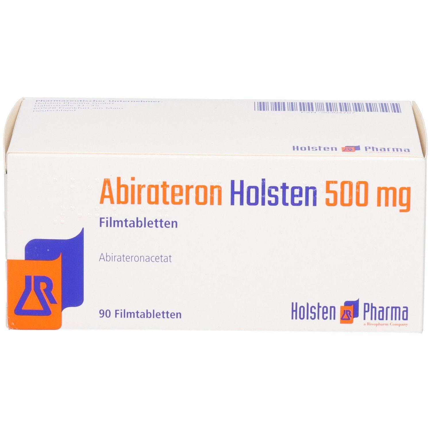 Abirateron Holsten 500 mg Filmtabletten Schachtel, 90 Stück, mit Holsten Pharma Logo.